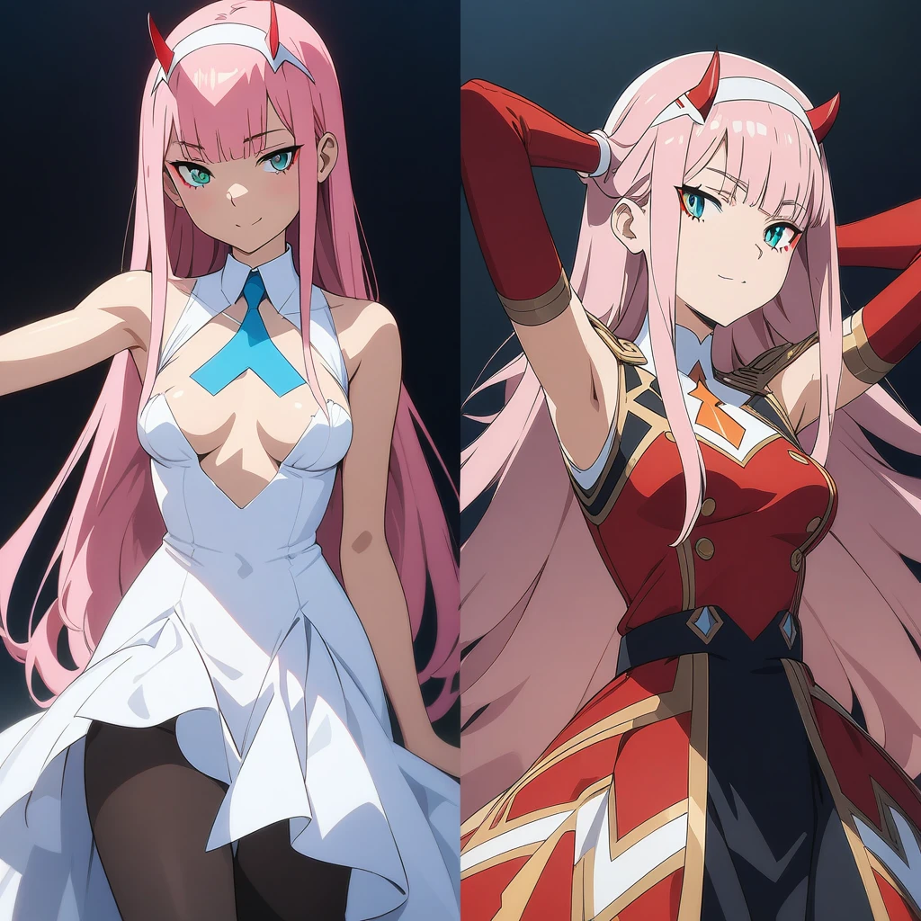 Anime girl, Zero Two, 002 from Darling in the franxx (best quality,4k,8k,highres,masterpiece:1.2), ultra-detailed, (Anime art style, :1.37), portraits, solo, one_girl, long_hair, beautiful_detailed_horns, pink_hair, smooth_pantyhose, stunning_breasts, delicate_hairband, enchanting_smile, captivating_gaze, black_pantyhose, medium_breasts, white_hairband, simple_background, elegant_arms_behind_head, graceful_arms_up, stylish_bangs, mesmerizing_green_eyes, elegant_dress, delicate_closed_mouth, fiery_red_horns, exquisite_uniform, breathtaking_red_dress, cascading_very_long_hair, straight_hair, confident_standing_pose, elegant_necktie, alluring_wedding_dress。