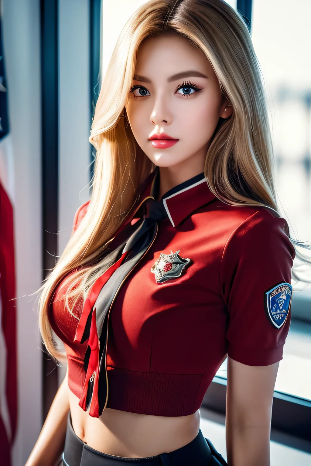 An unparalleled masterpiece, Ultra-realistic 8k CG, perfect artwork, ((perfect woman image)), mature woman, thin waist, charm, clean, beautiful face, {very delicate and beautiful girl} , 8k wallpaper, {masterpiece}, 1 girl, blonde hair, blue eyes, Sexy female police officer in a tight red uniform, American Drama「Charlie's Angels」、long hair,  red lips,double eyelid、I&#39;wearing mascara、 simple background, alone,  (shiny skin),Holding a Beretta M92F handgun、