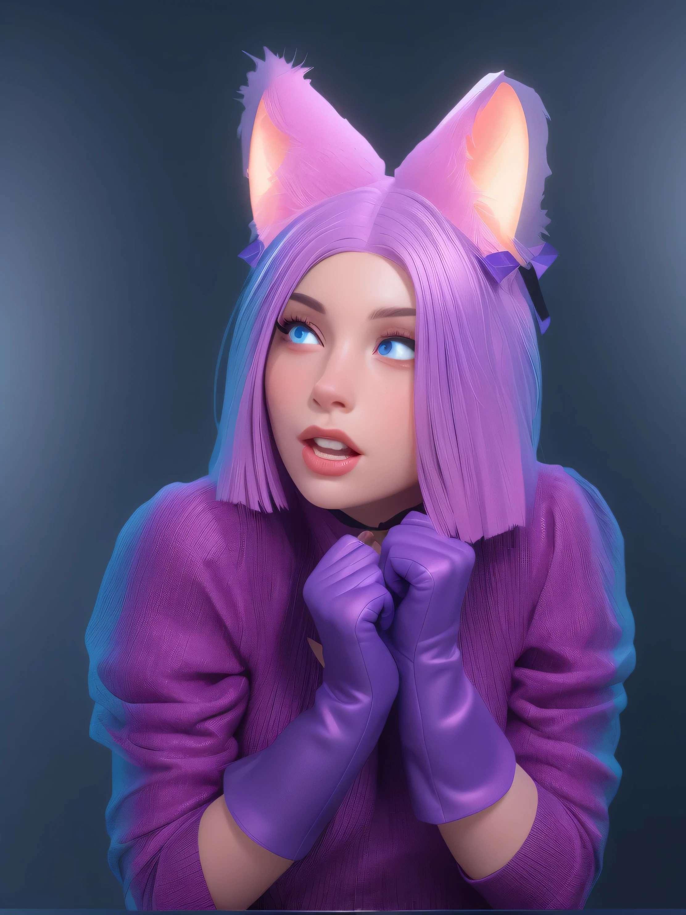 purple haired girl with purple gloves and a purple cat costume, purple cat, she is scared, headshot of young female furry, woman with cat ears, girl with cat ears, beautiful young catgirl, anime cosplay, purple metal ears, cosplay photo, glossy texture, smooth 3d model, multiple light sources, rim light, sharp post effects render, (glossy plastic texture with multiple big light probe refractions), perfect cgi, smooth silhouette, high intensity refraction, (super glossy material), most beautiful vfx, blue background, plastic refractions, realistic, 4k, high resolution, rim light, photo shoot, commercial photo, profile shot, 4k, rim light, high resolution, 4k, glossy texture, smooth 3d model, multiple light sources, rim light, sharp post effects render, (glossy metallic texture with multiple big light probe refractions), perfect cgi, cgi art created only with gradients, smooth silhouette, high intensity refraction, (super glossy chrome material), most beautiful vfx, blue background, chrome metal refractions, multiple light sources, rim light, sharp post effects render, perfect cgi, digital art, detailed digital art, reflective, best quality, 4k, masterpiece:1.2, ultra-detailed, realistic, vivid colors, dark and moody lighting, The image of the highest quality, ensuring every detail showcased perfectly. It in 4k resolution, allowing viewers to immerse themselves in the richness of the colors and intricate details. The realistic rendering. under the spotlight, reflecting, high-resolution image, realistic rendering, dark background, and rim light photorealistic