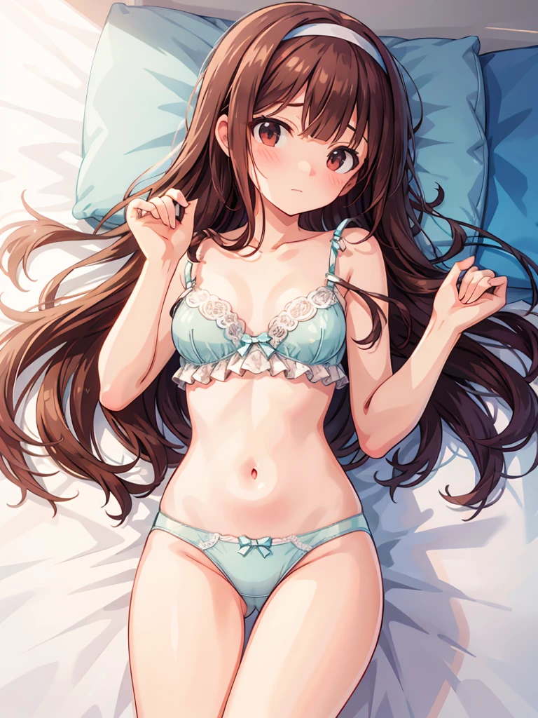 masterpiece, beautiful illustrations, highest quality, pretty girl, 1girl, Bedroom, pastel colour, (two-separated lingerie), cute lingerie, reddish brown long hair, headband, bright lighting, presenting, looking at viewer, on bed, embarrassed