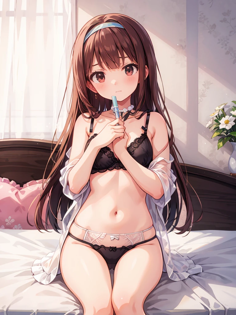 masterpiece, beautiful illustrations, highest quality, pretty girl, 1girl, Bedroom, pastel colour, (two-separated lingerie), cute lingerie, reddish brown long hair, headband, bright lighting, presenting, looking at viewer, on bed, embarrassed