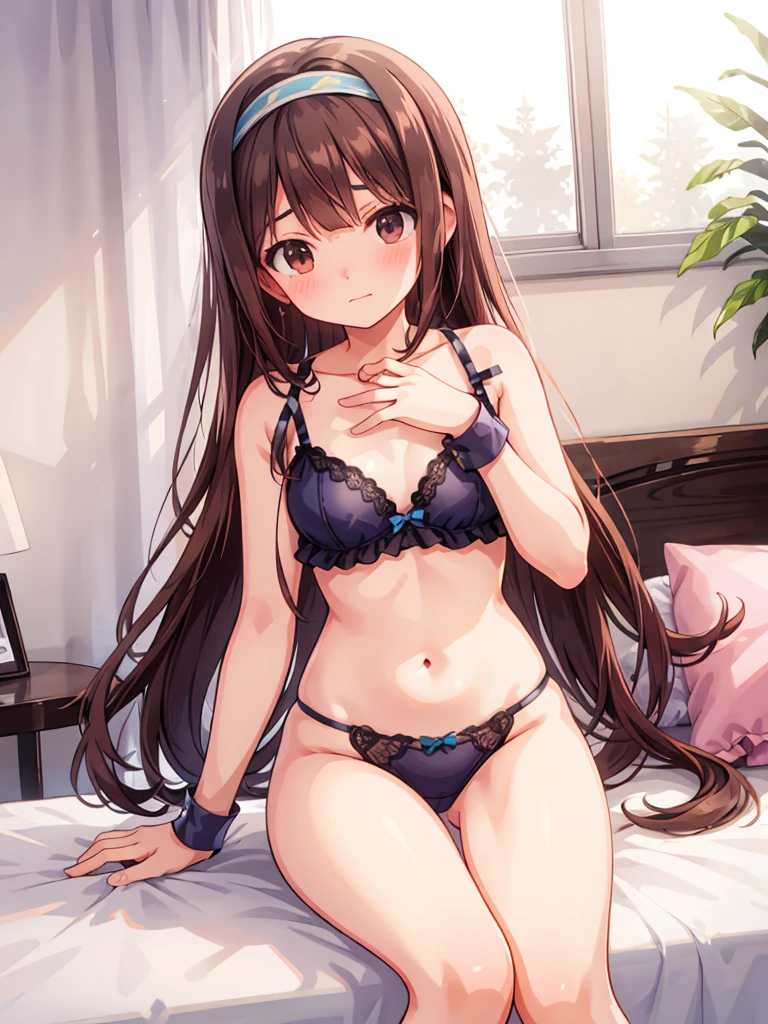 masterpiece, beautiful illustrations, highest quality, pretty girl, 1girl, Bedroom, pastel colour, (two-separated lingerie), cute lingerie, reddish brown long hair, headband, bright lighting, presenting, looking at viewer, on bed, embarrassed
