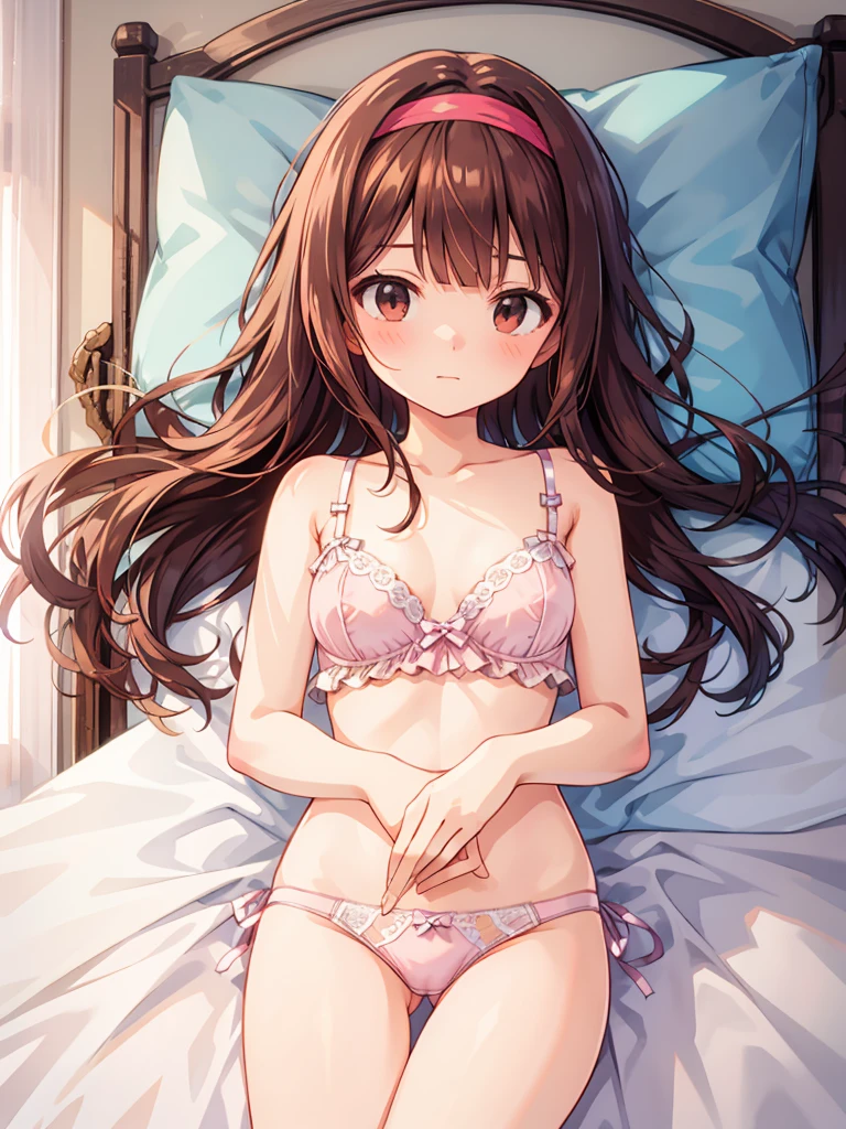 masterpiece, beautiful illustrations, highest quality, pretty girl, 1girl, Bedroom, pastel colour, (two-separated lingerie), cute lingerie, reddish brown long hair, headband, bright lighting, presenting, looking at viewer, on bed, embarrassed