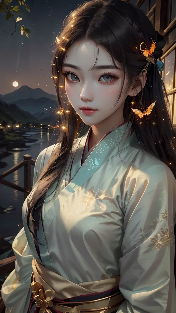best quality, masterpiece, highres,
1girl, Detailed face, (Upper body:1.6), Chinese cities, mountains and rivers, end of sunset, moonlight, starry night, firefly lights, Realistic, rich in detail, (White hanfu:1.2), (beautiful body:1.4),  epic, intricate