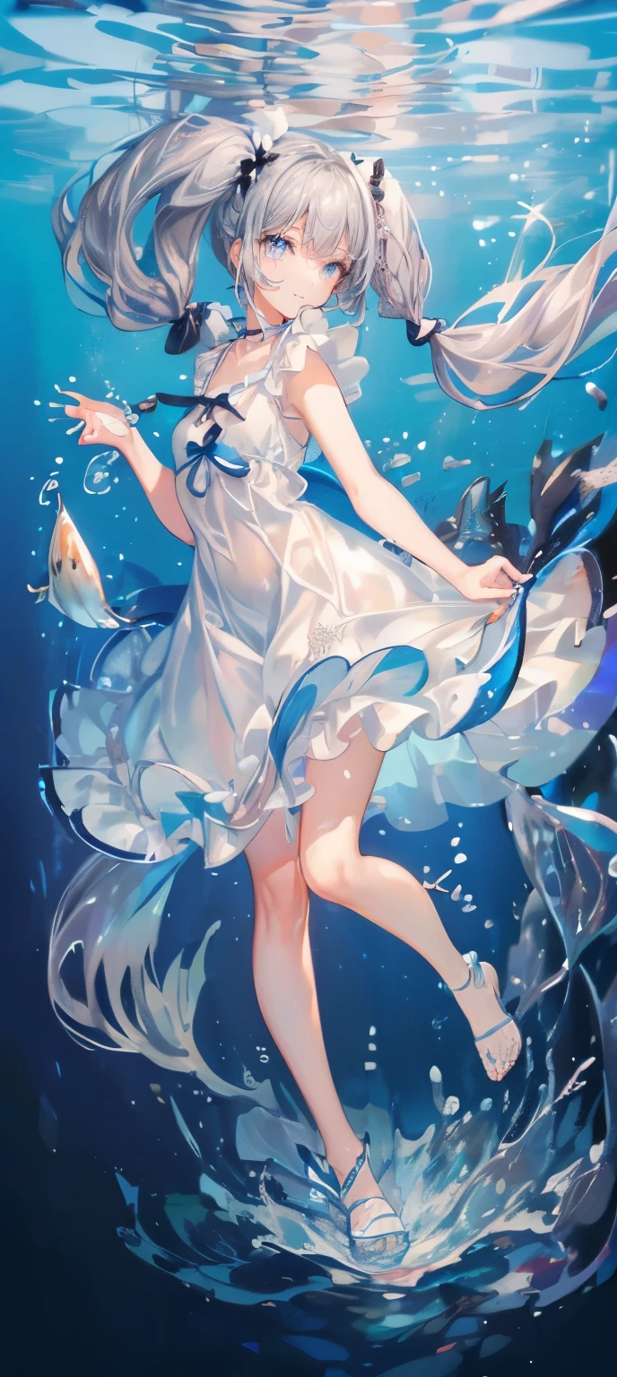 (muste piece), (best quality), very detailed, 1 girl, perfect face, (solo full body shot:1.3), very detailed顔,(Gray-haired ultra-long hair,twin tails:1.5),(blue eyes:1.4),(in water,swim:1.4),(white dress:1.5),School of small fish,Light,bubble,jellyfish,seaweed,deep sea,fantasy,seabed,(Floating hair:1.4),splash,(surrounded by many small fish:1.4),(smile:1.3)