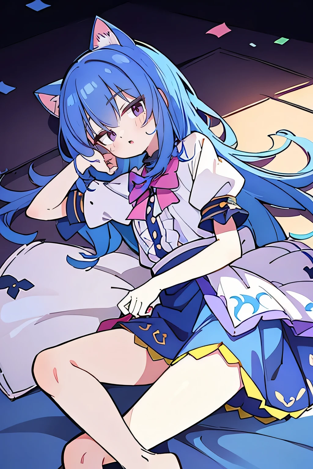 (Masterpiece), best quality, expressive eyes, perfect face, 1girl,
Put one hand on the head, fair skin, gorgeous, Japanese comics, girl, Lola, young angel, blue hair, blue hair, flowing clothes,, lay down, lying on the ground, legs on the ground, flat chest, cat ears,