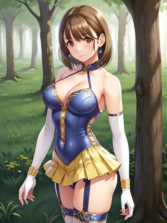 masterpiece, highest quality, detailed face, fine eyes, High resolution,

 alone, Are standing,((short hair、short hair))、shiny chestnut hair、brown eyes、BREAK、
 blue leotard、yellow micro skirt、white_elbow_gloves_white_Thighhighs_garter_strap_bracelet、
 
 forest、grassland、square