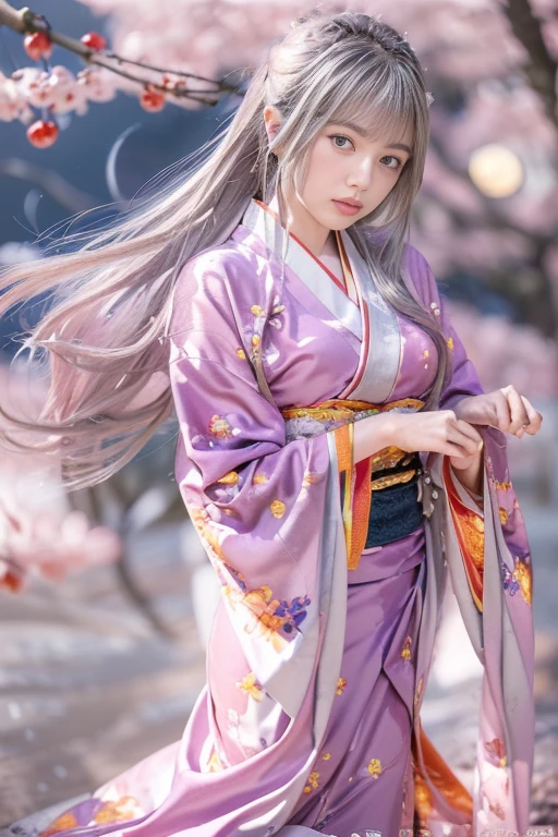 (Beautiful model appearing in Japanese clothing commercial, Beautiful long silver mesh hair swaying in the wind), (alone), ((face is 80% beauty and elegance, 20% pretty and cute:1.5)), (Her roots are in Eastern Europe and Asia), clear eyes, (fine eyes, light brown eyes, bright pupils), double eyelid, (Slightly thick and sexy lips:1.2), Super detailed and incredibly high resolution silver long Kimono, Highly detailed facial texture, impressive body shape, Curvaceous and very attractive woman, (The color of the long kimono is 95% pink and 5% lapis lazuli:1.5), High resolution RAW color photography professional photography, break ultra high-resolution textures, High resolution body rendering, Big eyes, an unparalleled masterpiece, incredible high resolution, Super detailed, stunning ceramic skin, break (Made with plenty of Rinpa silver.、琳派風のshiny redい振袖を着ています。.), (The main color is Rinpa'shiny red.), (丁寧に作られた日本の古典的なshiny redい振袖), ((The embroidery pattern is a Japanese painting style of lapis lazuli birds, cloud, Mountain, river, and flowers)), (A lapis lazuli obi that matches this kimono), ((Delicate and elegant embroidery、shiny redい振袖)), (The background is sparkling silver diamond dust emitted from the moon,Cherry tree:1.5) break ((highest quality, 8K)), sharp focus:1.2, (layer cut, big:1.2), (beautiful woman with perfect figure:1.4), (Beautifully shaped breasts:1.3), thin waist, (correct hand shape:1.5), (full body shot | Rear view)