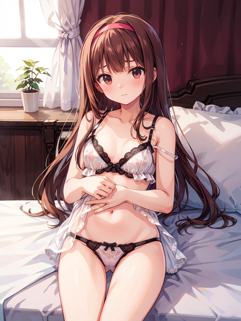 masterpiece, beautiful illustrations, highest quality, pretty girl, 1girl, Bedroom, pastel colour, (two-separated lingerie), cute lingerie, reddish brown long hair, headband, bright lighting, presenting, looking at viewer, on bed, embarrassed