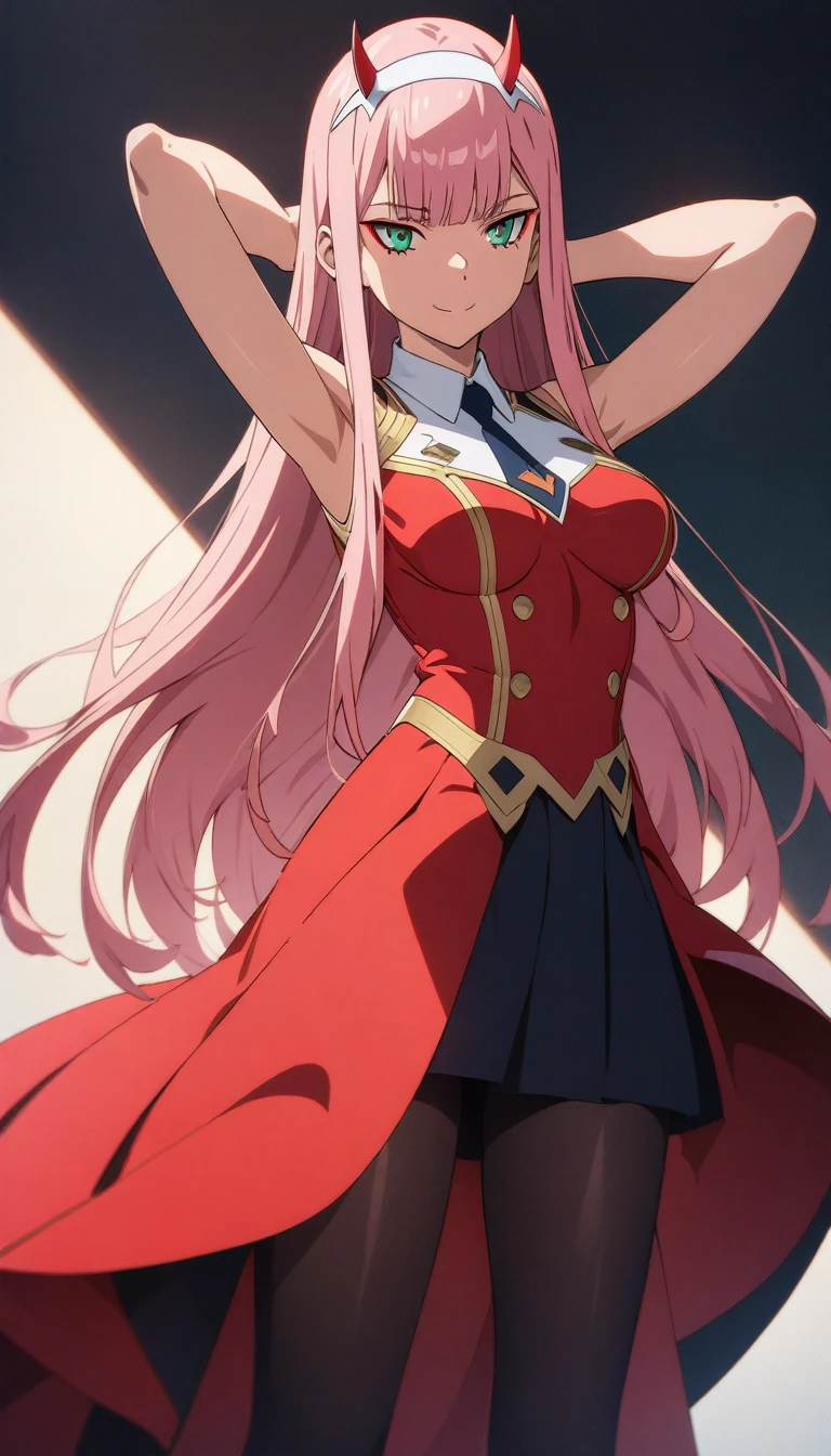 Anime girl, Zero Two, 002 from Darling in the franxx (best quality,4k,8k,highres,masterpiece:1.2), ultra-detailed, (Anime art style, :1.37), portraits, solo, one_girl, long_hair, beautiful_detailed_horns, pink_hair, smooth_pantyhose, stunning_breasts, delicate_hairband, enchanting_smile, captivating_gaze, black_pantyhose, medium_breasts, white_hairband, simple_background, elegant_arms_behind_head, graceful_arms_up, stylish_bangs, mesmerizing_green_eyes, elegant_dress, delicate_closed_mouth, fiery_red_horns, exquisite_uniform, breathtaking_red_dress, cascading_very_long_hair, straight_hair, confident_standing_pose, elegant_necktie, alluring_wedding_dress。