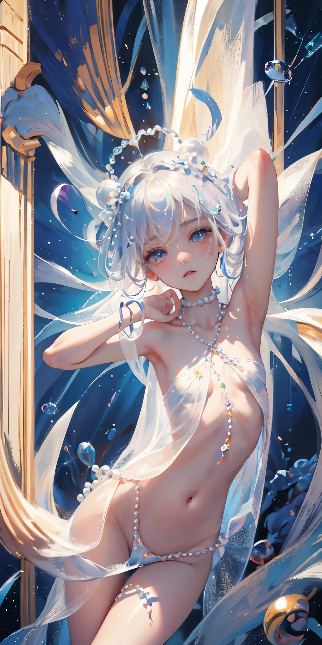a girl、a baby face、Very cute、slim and beautiful、((small :1.2))、eyes well drawn、charming eyes、double tail、Wear jewelry and pearls around your neck,Transparent openwork、Deep V、Crystal Pearls、在Wear jewelry and pearls around your neck,white hair, Showing thighs, bare shoulders, showing clavicle, Yao Liu, barefoot,((whole body))、painful posture