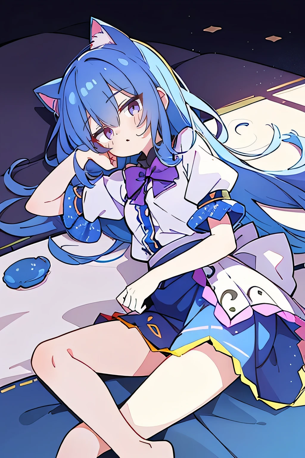 (Masterpiece), best quality, expressive eyes, perfect face, 1girl,
 Put one hand on the head, fair skin, gorgeous, Japanese comics, girl, Lola, young angel, blue hair, blue hair, flowing clothes,, lay down, lying on the ground, legs on the ground, flat chest, cat ears,