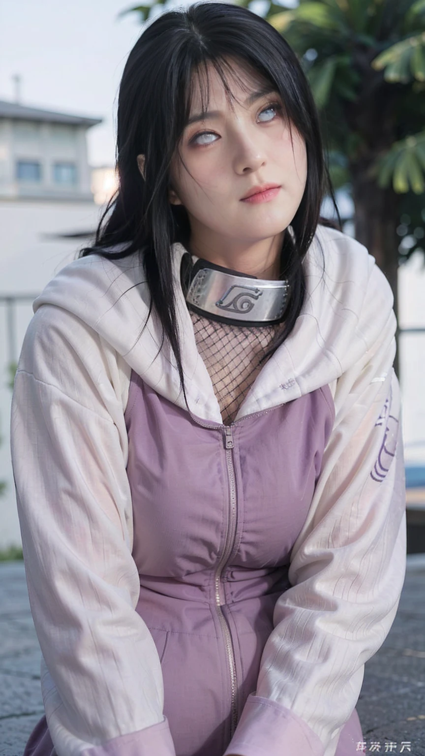 1girl, hyuga hinata in anime naruto, long straight hair, black hair, ((white eyes:1.5)), smile, beautiful, (purple white hoodie), very big breast, neckband, konohagakure symbol on neckband, realistic clothes, detail clothes, (outdoor background), dynamic background, ultra detail, realistic, sexy posing