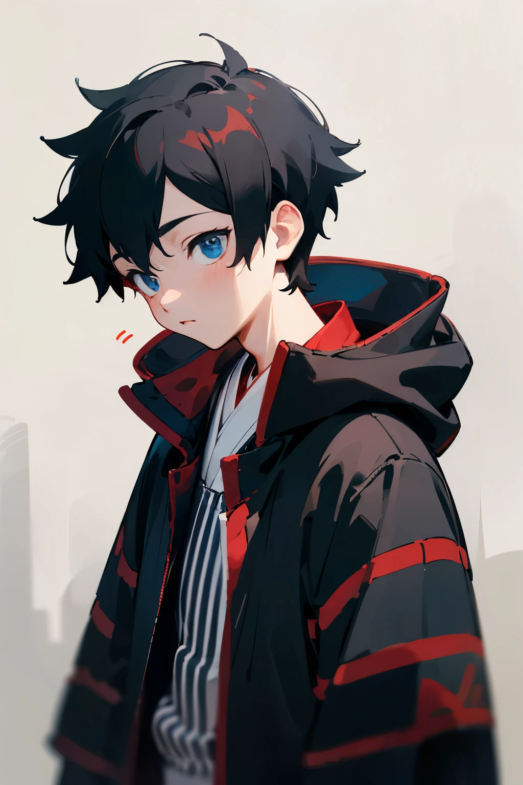 [(white background:1.5),::5], ((((masterpiece)))), high quality, ultra high resolution, full color, (((alone))), ((little boy)), black hair, ((red striped hair)), blue eyes, japanese cartoon movies, upper body, neon lights, black parka, upper body, 