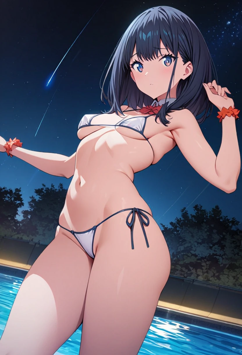 High-definition,high resolution,8k.perfect face,perfect figure, 1 girl.solo,TaKarada rikka_ssss.GRIdMAN.pool at night,white micro bikini,In the night sky A sky full of stars,shooting star,dynamic pose,