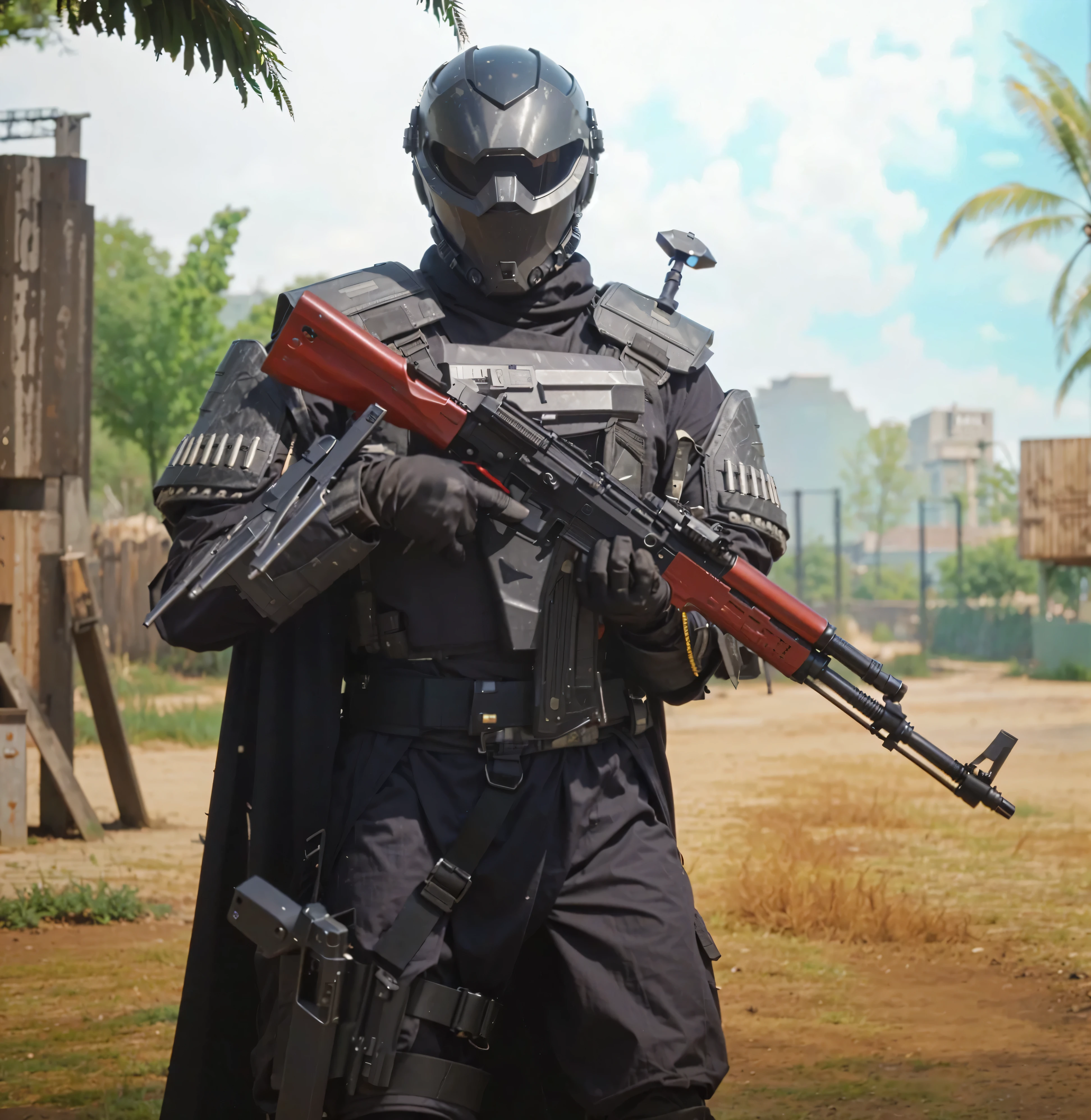 a man in a helmet and uniform holding a rifle, dressed in tactical armor, With a black cape, three throwing knives holstered on his arm, Pistol holstered on his leg(Best quality, 4k, Masterpiece :1.3), Cyberpunk, Background, Sci-fi rifle 
