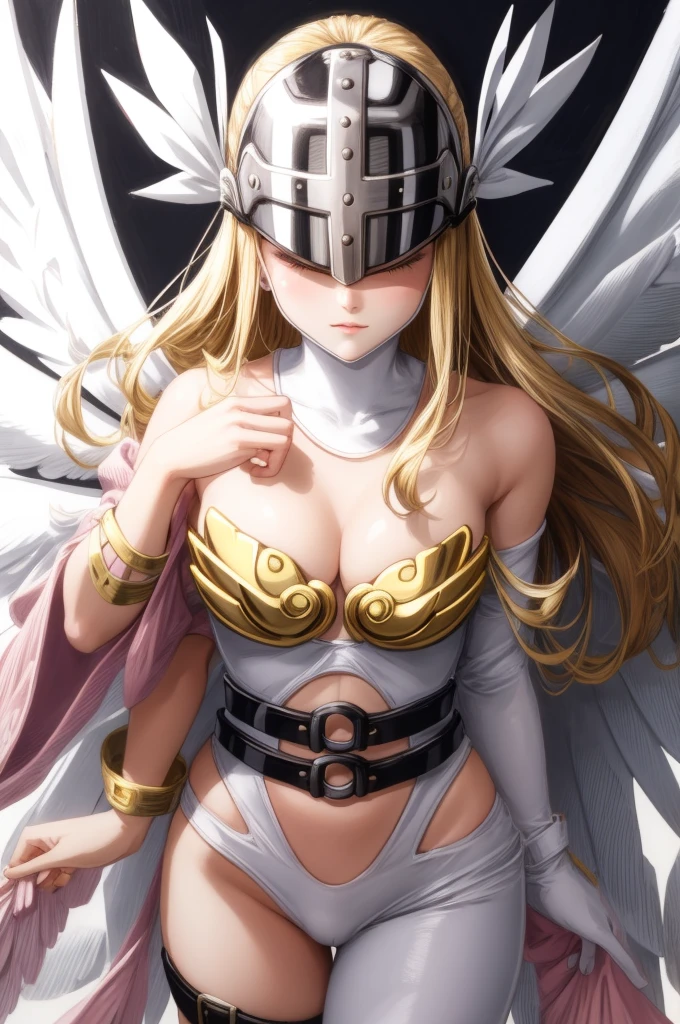 best quality, intricate details,
1girl,  Angewomon, winged helmet, helmet over eyes, helmet on, covered eyes,white multiple wings, white wings, pink hagoromo, single glove, strapless,white bodysuit, gold strapless bra, black belt, two belts