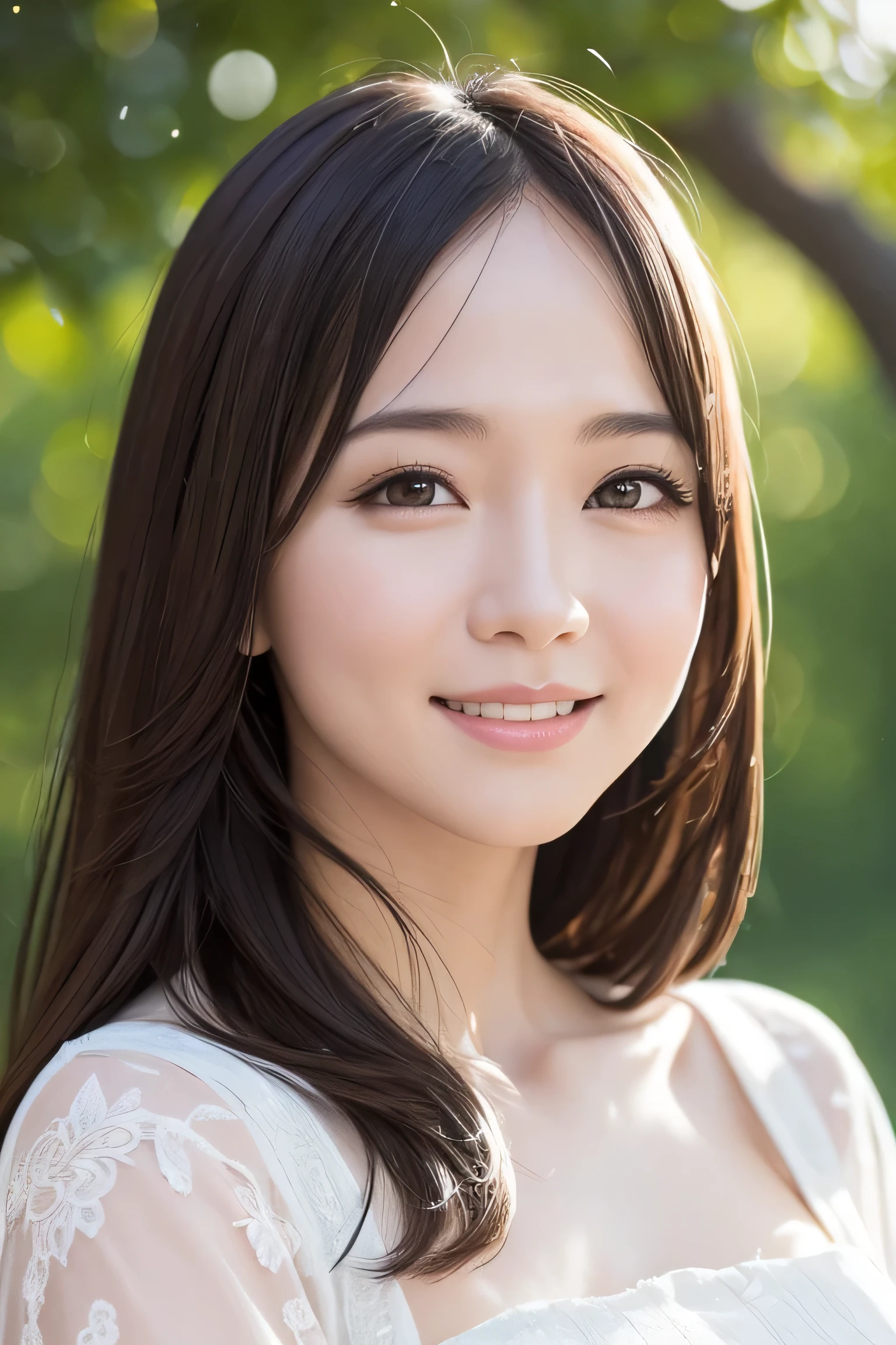 masterpiece、realistic、upper body girl portrait、beautiful face、Smiling cute、sharp focus、young woman、20th generation、8K post production、High resolution、Super detailed、Studio photography becomes a trend at Art Station、intricate details、very detailed、pure form、8K resolution、The shape of the head is round and beautiful、The background is beautiful nature