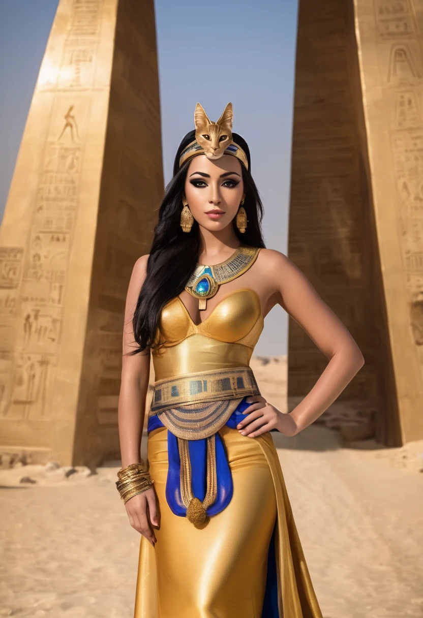 Arabian woman in gold costume posing in front of a pyramid, Egyptian princess, Bastet Goddess，Egyptian cat goddess, Egyptian, android girl in Egyptian ruins, persian queen, From Egypt, ancient goddess, Bed, beautiful goddess, beautiful cleopatra, Egyptian style, princess of persia, Egyptian clothes, pharaoh, golden goddess, Queen of the Goddesses, Egyptian god, cleopatra, Egyptian atmosphere