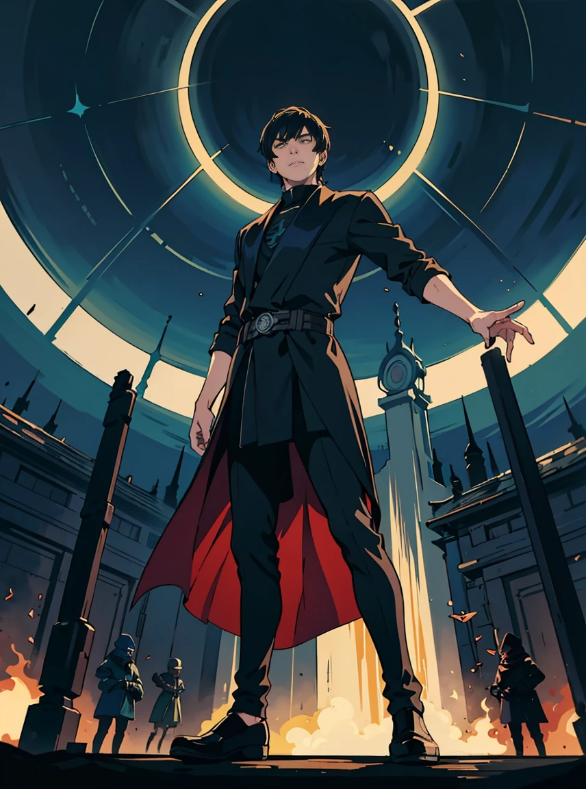 “In a spellbinding anime sequence, a 25-year-old man stands amidst a cosmic encounter, his presence commanding attention against the backdrop of a Sith temple. His gaze penetrates the darkness with eyes reminiscent of Sith lords from the Star Wars saga, exuding an aura of dark power and enigma. The intensity of his stare emanates a malevolent red glow, captivating viewers with its sinister allure and hinting at a deeper connection to the dark side.

The scene unfolds within the eerie ambiance of the Sith temple, where towering spires and ominous shadows dominate the surroundings. Ancient symbols adorn the walls, whispering tales of secrecy and dark rituals, adding layers of mystery to the setting. Tension fills the air, as if the very atmosphere crackles with forbidden energy, setting the stage for a confrontation of cosmic proportions.

Despite the encroaching darkness, the man’s expression remains steadfast, exuding unwavering confidence and determination. His stance is resolute, a testament to his unyielding allegiance to the dark side of the Force. Inspired by the visionary styles of Tetsuya Nomura, Hideaki Anno, and Satoshi Kon, this scene captivates with its blend of mystique, intrigue, and foreboding power, drawing viewers into a world where the line between light and darkness blurs.”

{The camera is positioned very close to him, capturing his commanding presence amidst the cosmic encounter, with the Sith temple looming ominously in the background.} | He is adopting a dynamic_pose as he stands amidst the cosmic encounter, his stance exuding confidence and determination, ((dynamic_pose):1.3), ((perfect_pose)), ((perfect_pose):1.5), (((full body image))), ((perfect_fingers, perfect_hands)) better_handore Detail))”.