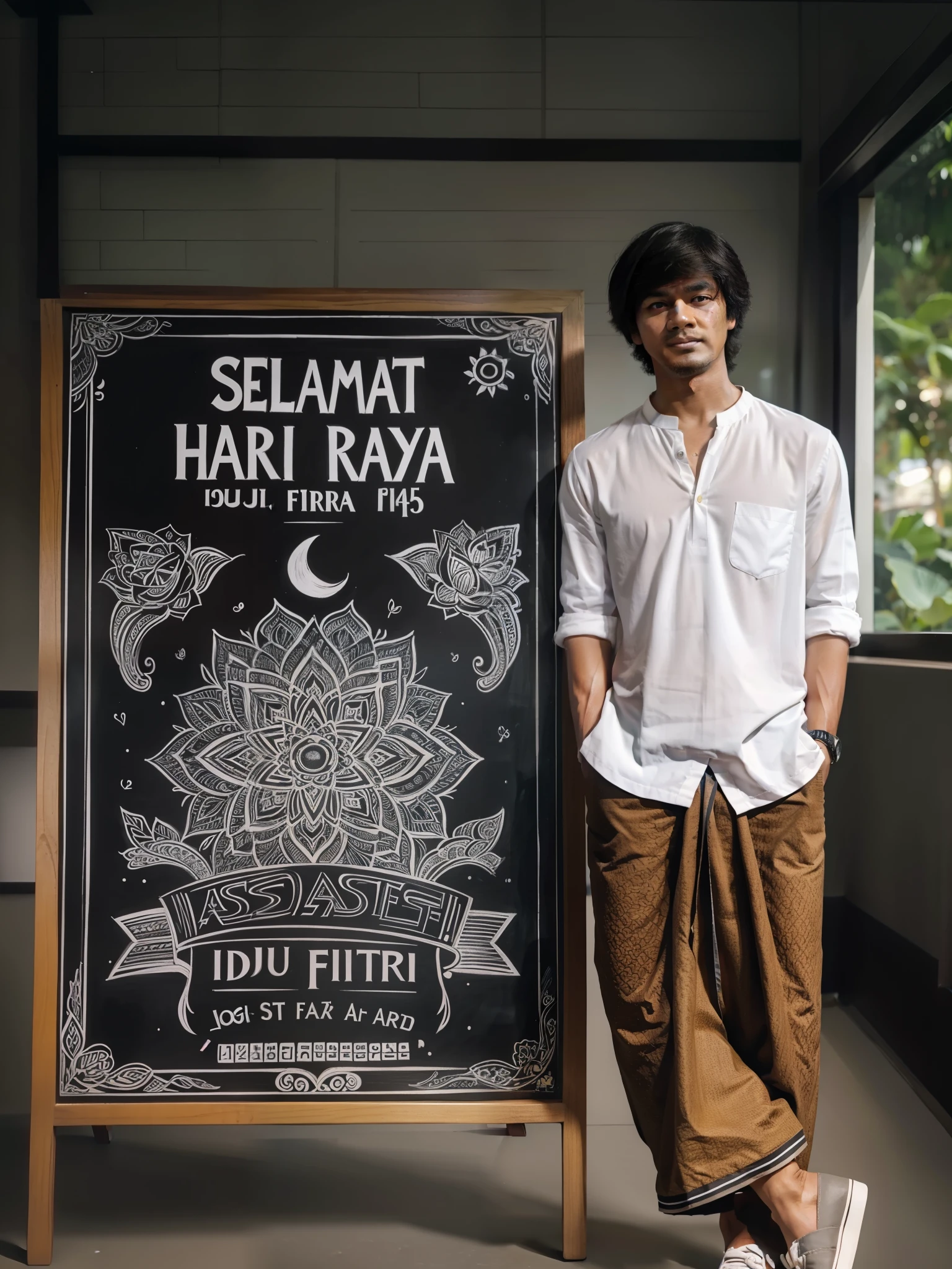 A man standing next to a chalk board with a drawing of a flower - SeaArt AI
