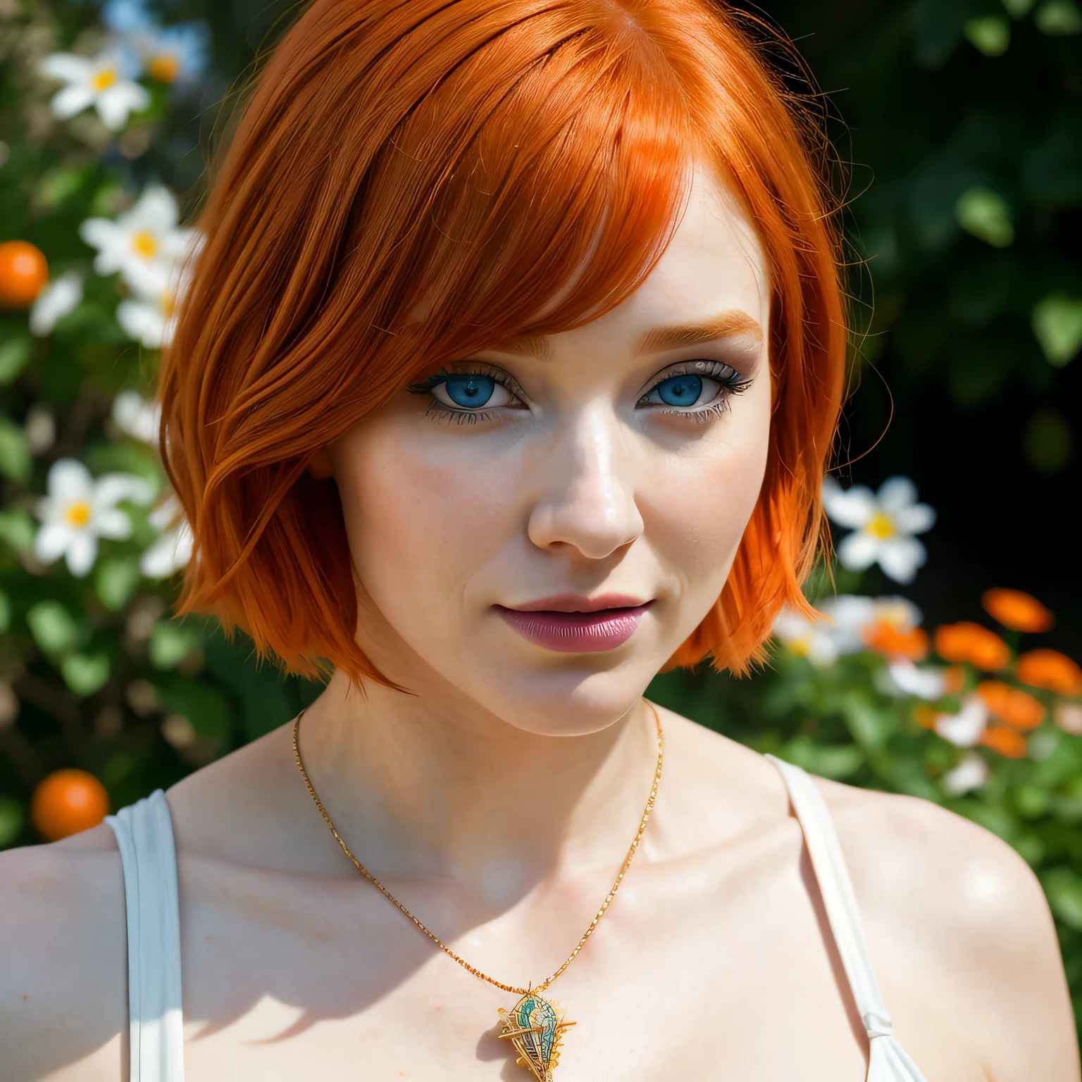 (masterpiece, best quality, 1girl, solo, intricate details, chromatic aberration), realistic, ((medium breath)),portrait shot, bryce dallas howard, ((vivid short orange hair)), 30 years old woman, triangule face, medium breast, sunny day, garden with flowers, depth of field, magic, big red lips, ((dark blue eyes)) (Detailed beautiful eyes) red and white long and full dress, covered chest, mystical atmosphere, (best quality:1.2), absurdres, intricate details, (highly detailed skin:1.2), smile expression, posing, taut and well defined body, attractive. Highly realistic, pale skin, beautiful, hyperrealism, skin very elaborated, direct gaze, AB JLEE3, Complex facial details for all characters, Expressive eyes and nose and mouth, unzoom, author:Jim Lee Right Section Centered, Key, Visual, Complex, Highly Detailed, Breathtaking, Precise Line Art, Vibrant Panorama Film