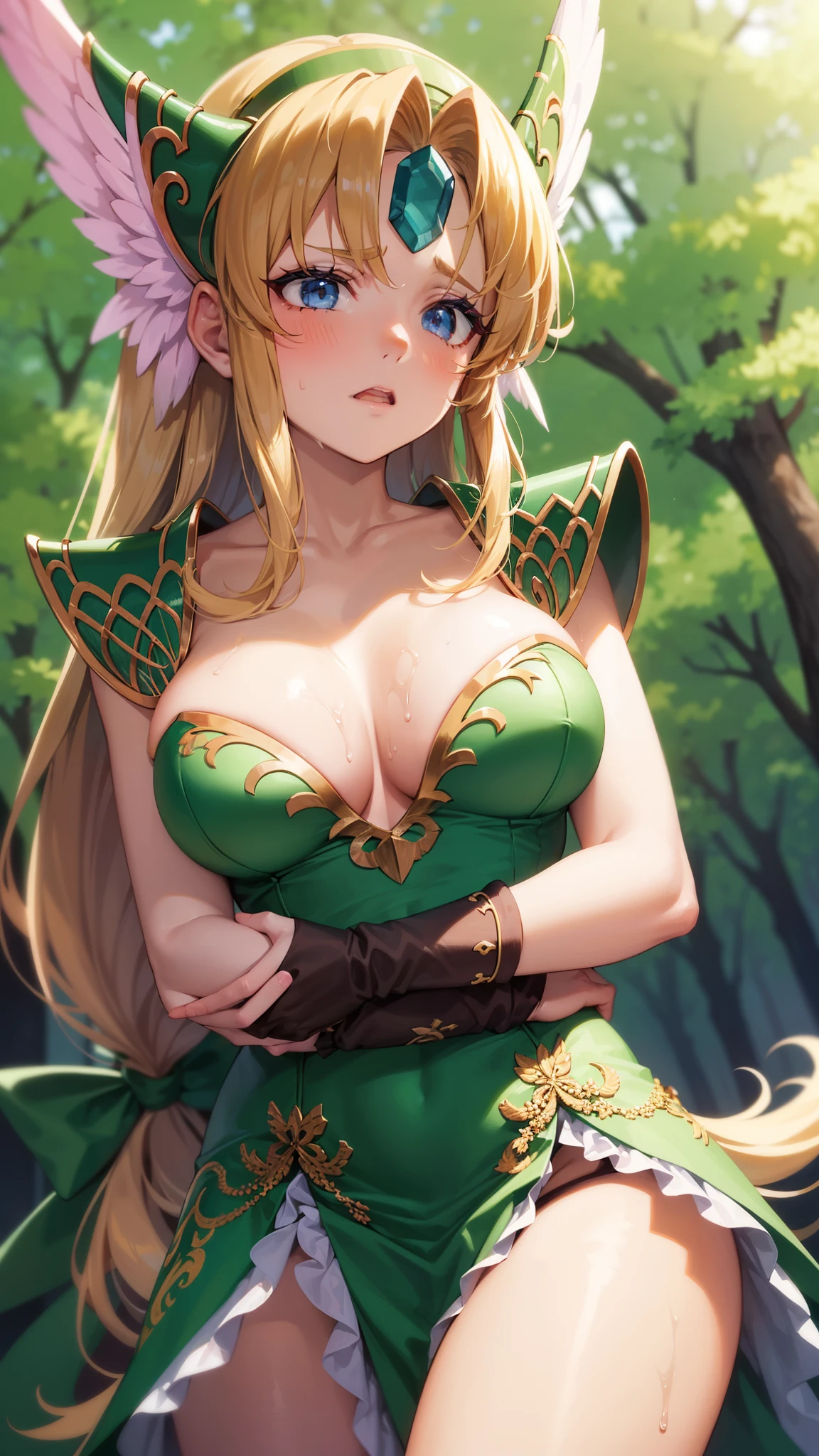 1girl, solo, outside,heavy breathing,steam, sweating, hot,hug myself,in forest,under tree, backlighting,from below,,clenched teeth, troubled eyebrows, anguish, large breasts, (def1), masterpiece, best quality, ultra-detailed, dynamic lighting, 8K resolution, super detailed skin, Detailed eyes, detailed face, fine hair detail, shiny hair, glistening skin, oil,