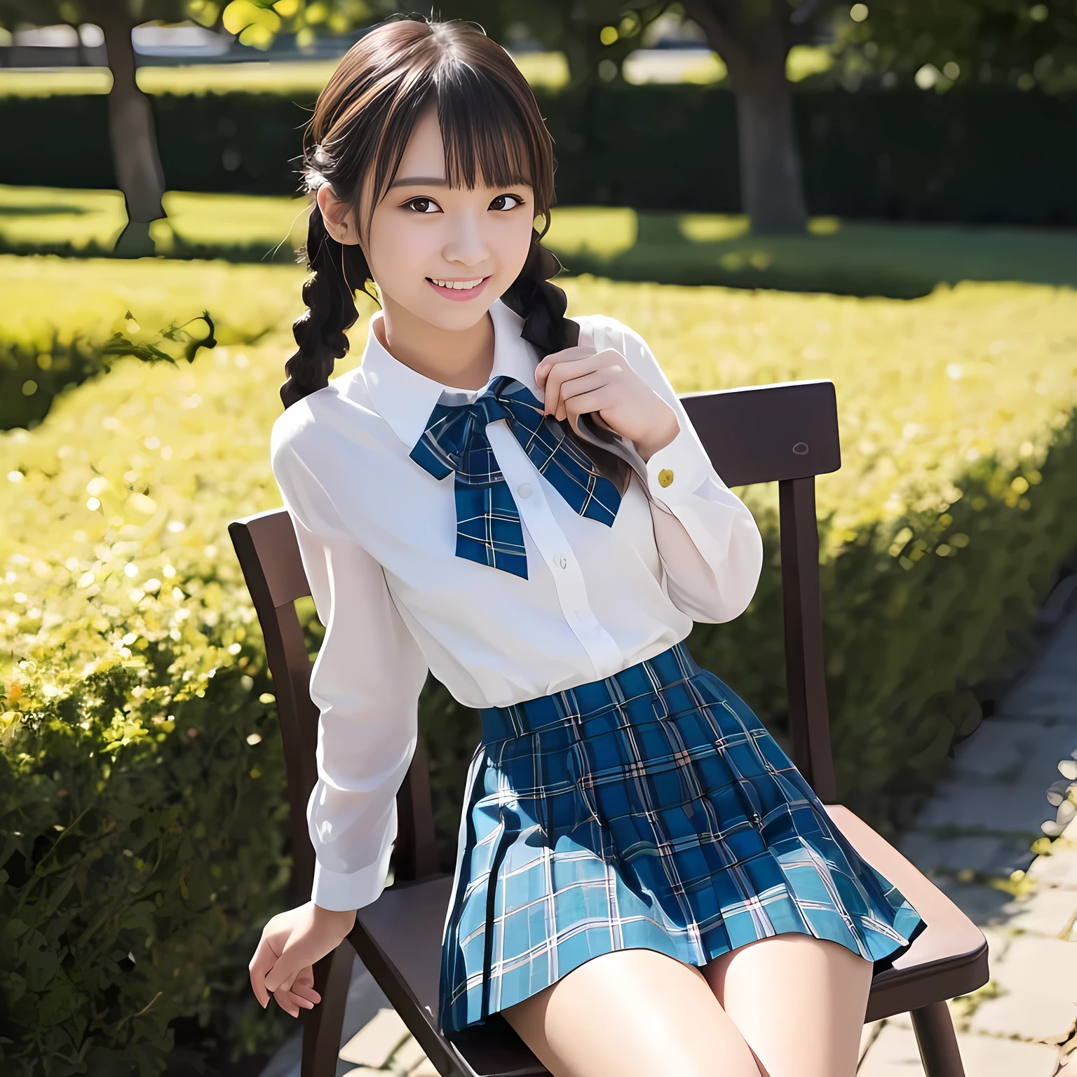 (highest quality、masterpiece:1.2)、highest quality、realistic、photograph、High resolution、1080p、8K、Pale, rough skin、The face is especially pale., physical rendering、Height: 148cm, one Japanese girl、A Japanese  high schoolnt sitting on a chair in a flower field、cute japanese girl, 14 years oldery detailed beautiful dark brown eyes))), ((blue girly large wine-red glossy polyester Japanese school ribbon bow tie)), ((((very beautiful long braids hair)))), ((((deep blue colored tartan checkered formal long pleated pleated skirt)))), ((Shiny beige blouse)), (((Looking at the viewers with loving eyes, smiling))), Very fun, Very happy, mouth is open, The big skirt is very cute, detailed fingers, modest chest, ((curled bangs)), so beautiful, long eyelashes, ((Very big and very very very cute eyes of a Japanese girl)), ((large pupils)), double eyelids, The entire skirt is photographed, Very cute face, thin eyebrows, ((drooping eyes)), ((long eyelashes)), maximum smile, ((The pure white light hits my face from the front, making my eyes sparkle.)), (((((A clean and intelligent appearance))))), hands on chest, shot from the side