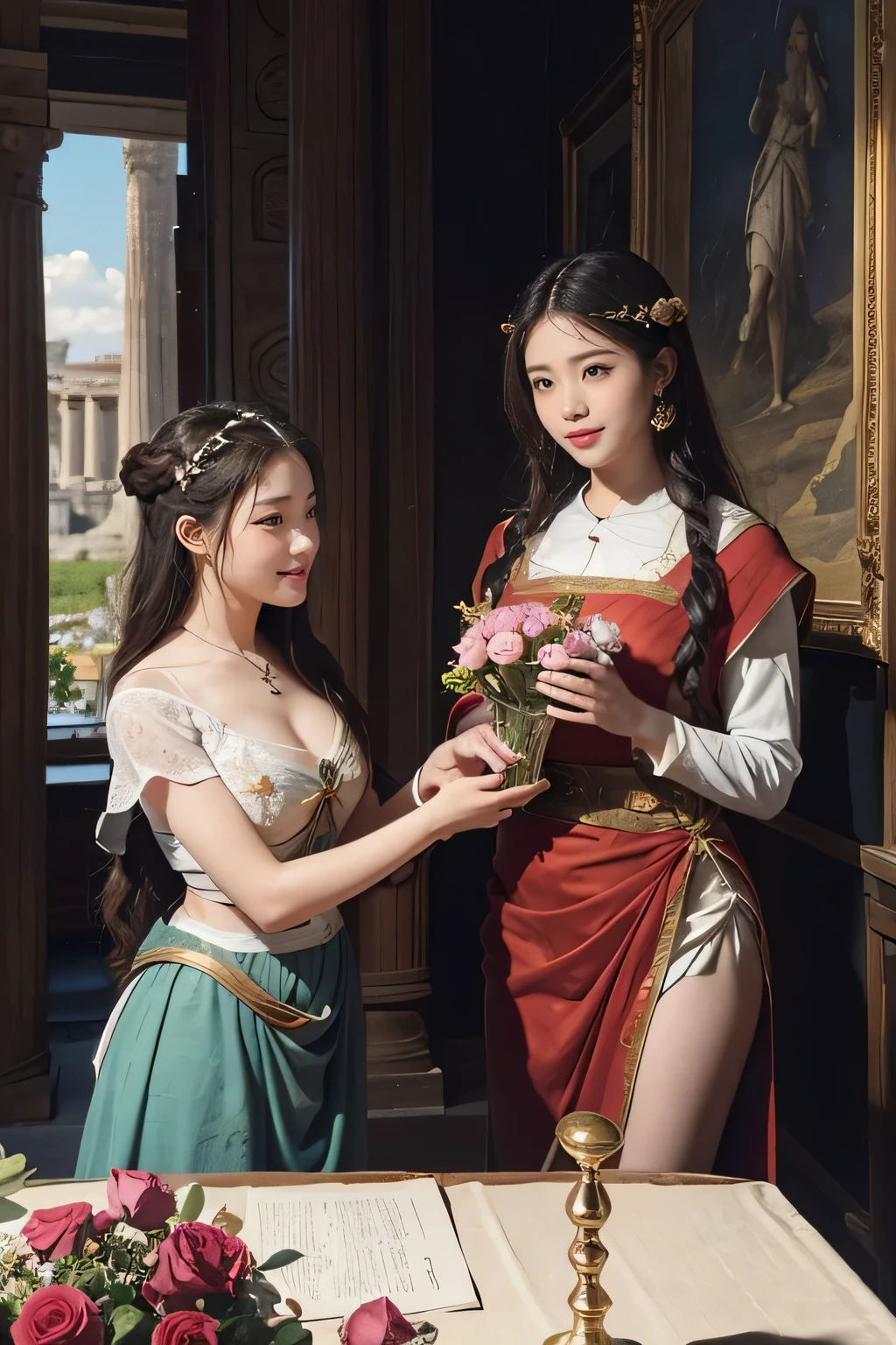 ull body portrait or statue、Giorgione painting style,Arguments of two female Philosophe,math、astronomical machine、astronaut、roses in vase、fruits、Cute trinkets、smile、ancient greek costume、Ancient Roman landscap