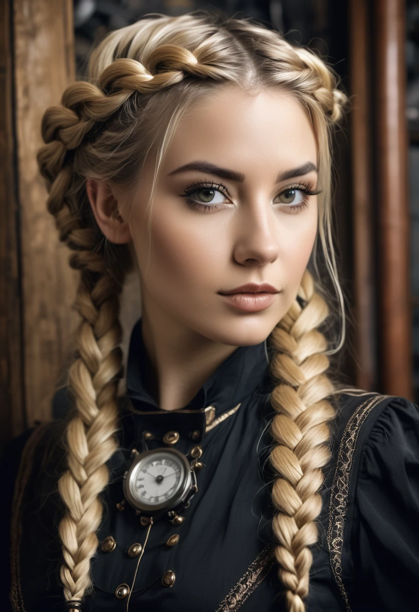 (Realisttic:1.2), analog photo style, Beautiful 28 years old woman, posing, with long blond hair braided, (steampunk dark fantasy atmosphere), soft natural light, cute and sexy, great quality, Masterpiece, detailed strange background, better performance, 16k quality, RAW photo