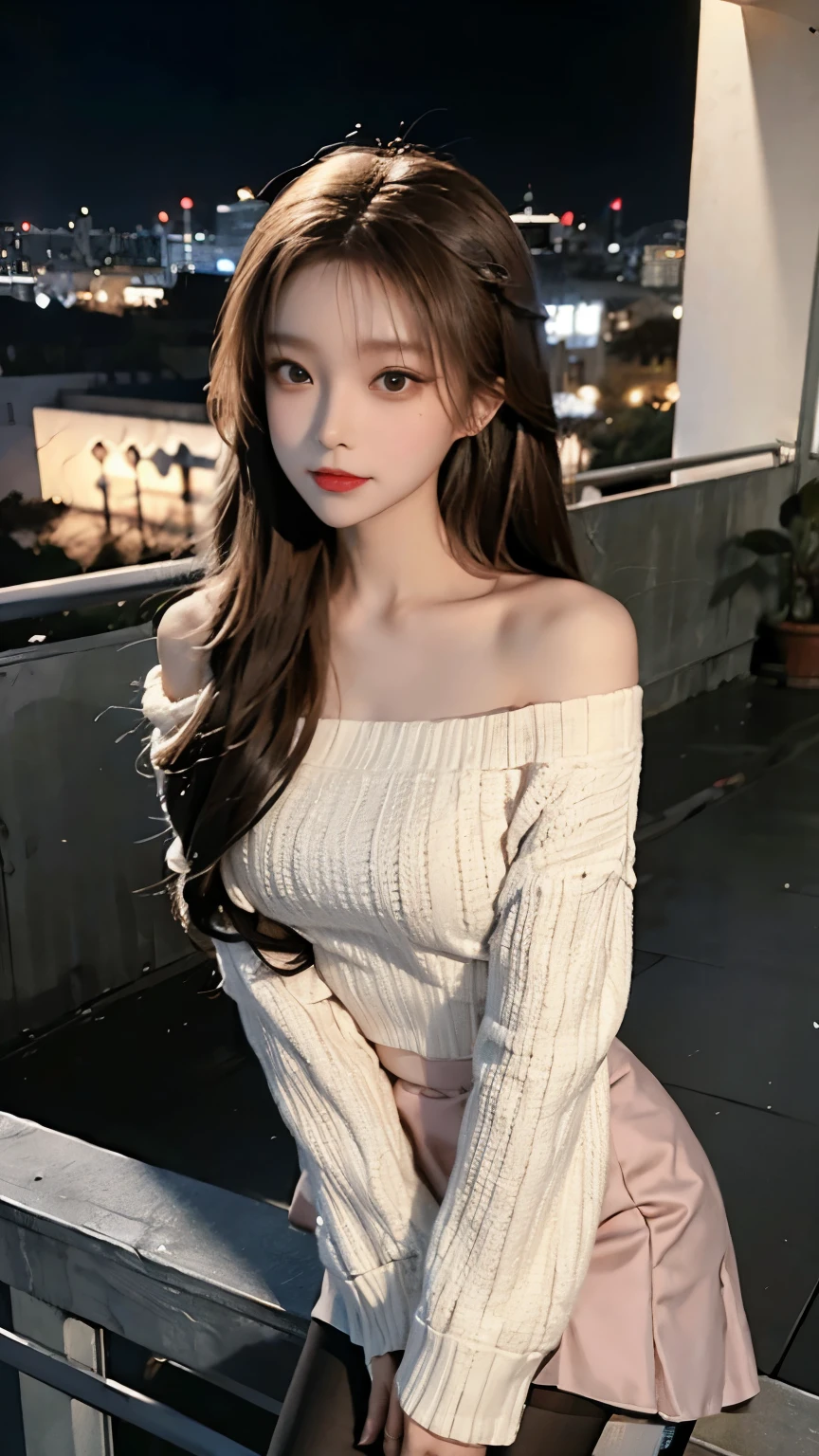 A beautiful Chinese girl wearing an off-shoulder white sweater dress and black pantyhose,Height 160,Weight 45kg,Perfect body,fairer complexion,Oval face,Deep facial features,Long brown hair,A confident smile,A little blush on face,light pink eyeshadow,night time，Posing against the railing on the observation deck,Realistic style,masterpiece