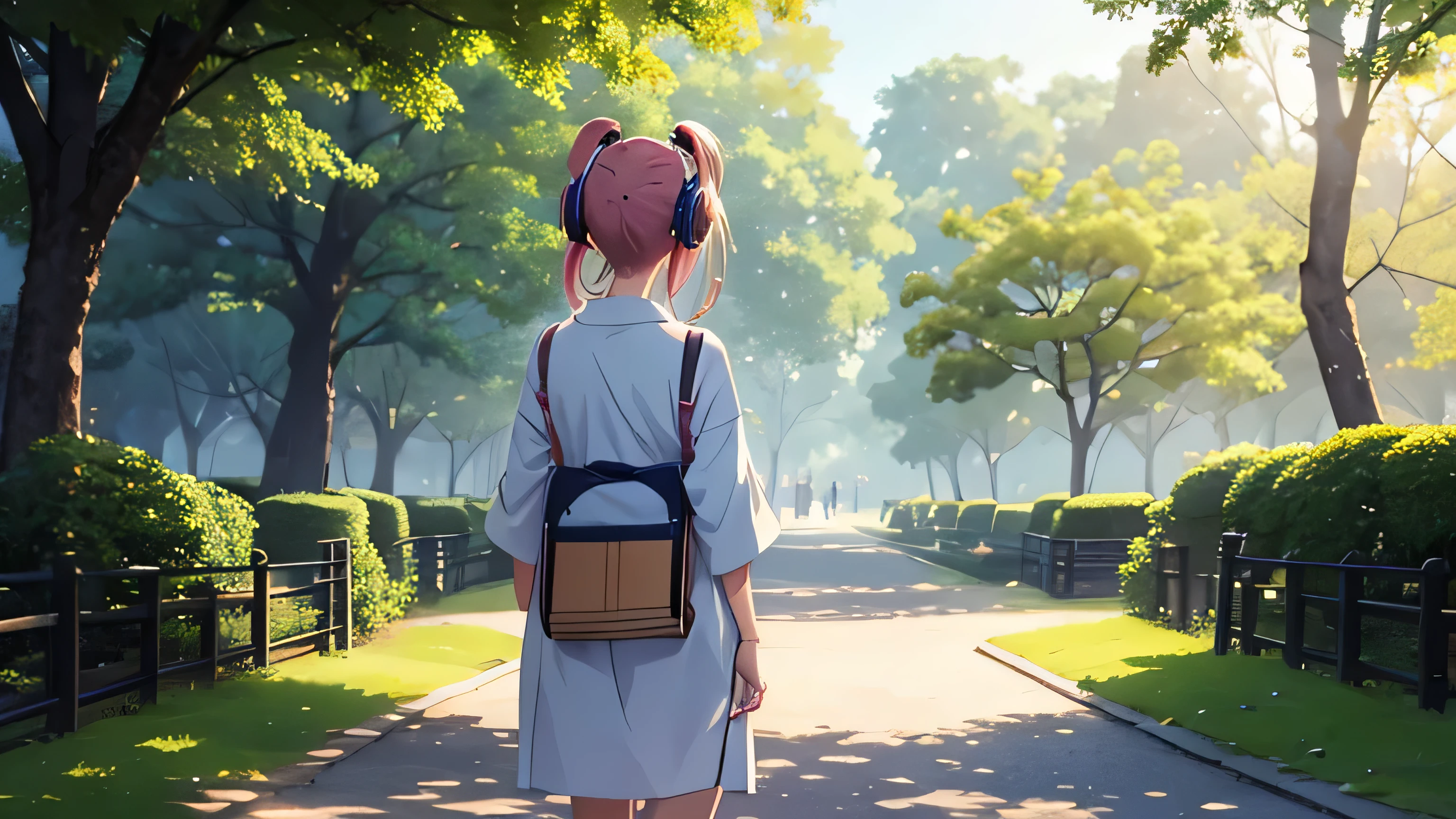 Back view of a beautiful girl listening to music with headphones while walking in the park in the morning sun nature Japanese anime style