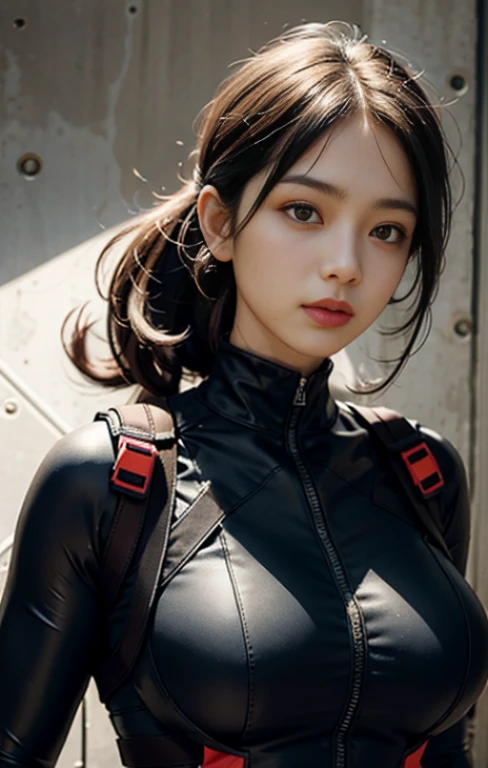 Highest image quality, outstanding details, ultra-high resolution, (realism: 1.4), ((close up:0.75)), highly condensed 1 lady, with beautiful and a delicate face, perfect proportion, aiming the viewer, ((aiming the viewer)), (chubby:0.3, big breasts), (cloths color base ratio blue thin:0.4 white:0.5 other-color:0.1), (wearing rash-guard likes police uniform, wearing futuristic-full-face-mask, military harness, holding hich-tech-flamethrower-tank on back), background simple grey wall,