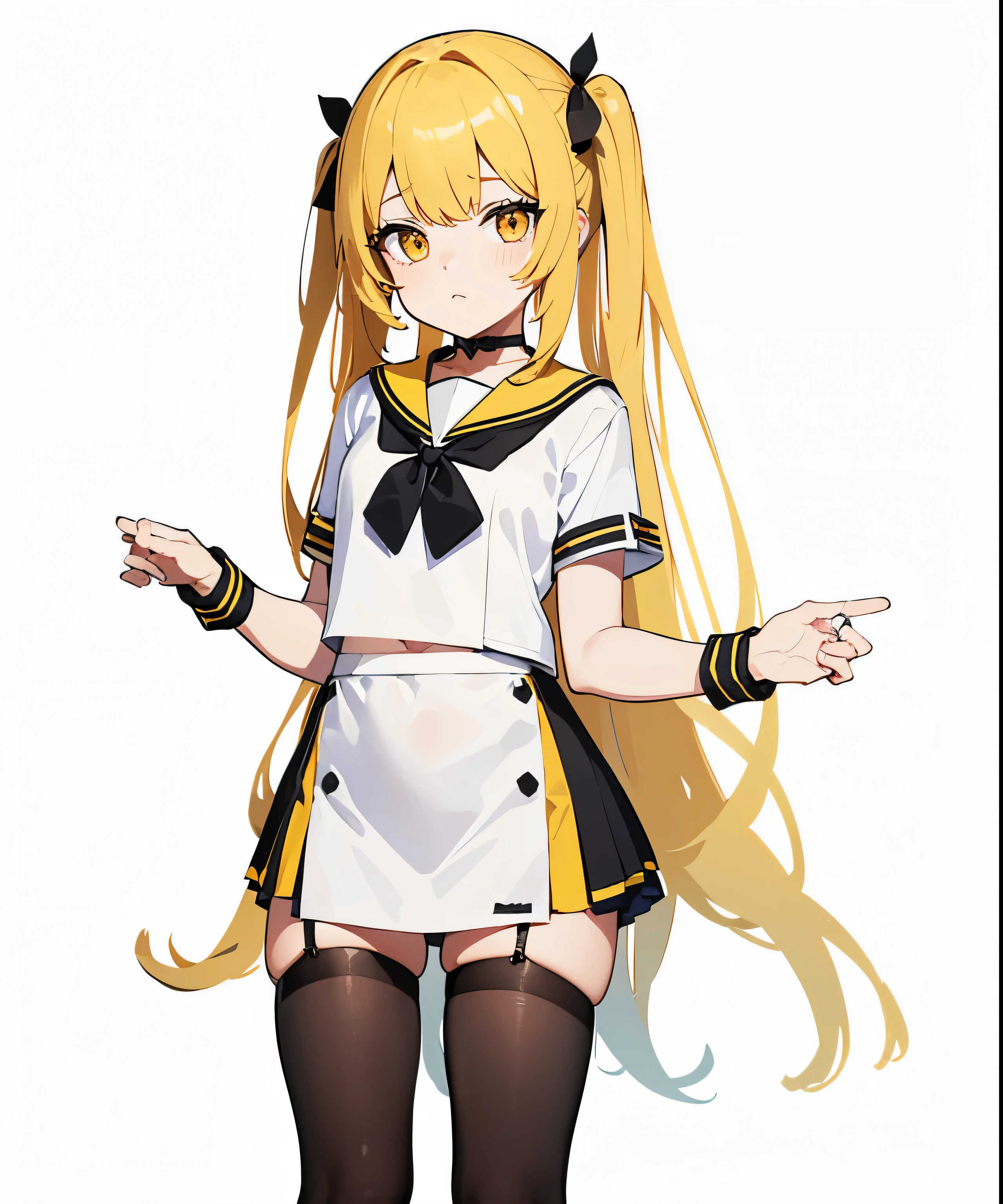 masterpiece((master piece)),(Blouses of white color),(black mini skirt),(Black transparent stockings),adorable,I'm shy,(Long Yellow)hair,red bow tie,long legs,(),(white underwear),not wearing shoes,(standing on one's own feet),(sailor suit)