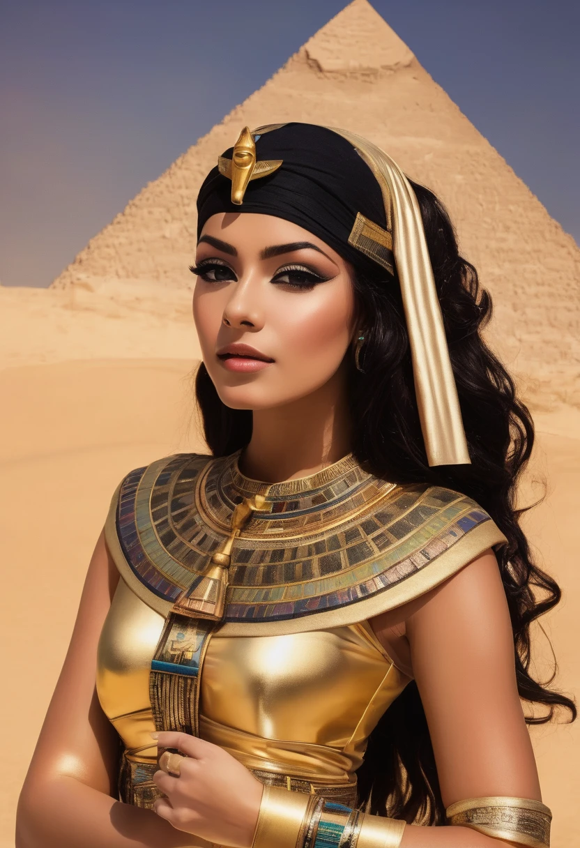 Arabian woman in gold costume posing in front of a pyramid, Egyptian princess, Bastet Goddess，Egyptian cat goddess, Egyptian, android girl in Egyptian ruins, persian queen, From Egypt, ancient goddess, Bed, beautiful goddess, beautiful cleopatra, Egyptian style, princess of persia, Egyptian clothes, pharaoh, golden goddess, Queen of the Goddesses, Egyptian god, cleopatra, Egyptian atmosphere