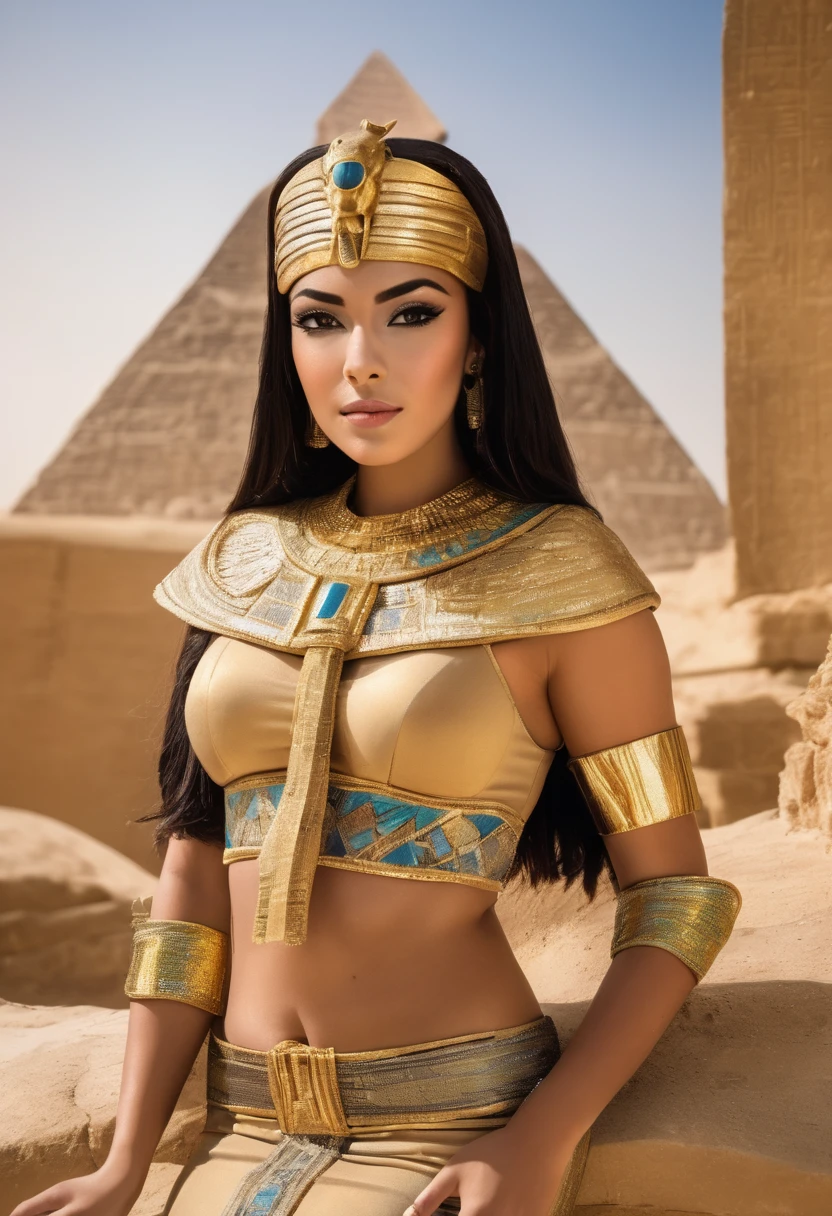 Arabian woman in gold costume posing in front of a pyramid, Egyptian princess, Bastet Goddess，Egyptian cat goddess, Egyptian, android girl in Egyptian ruins, persian queen, From Egypt, ancient goddess, Bed, beautiful goddess, beautiful cleopatra, Egyptian style, princess of persia, Egyptian clothes, pharaoh, golden goddess, Queen of the Goddesses, Egyptian god, cleopatra, Egyptian atmosphere