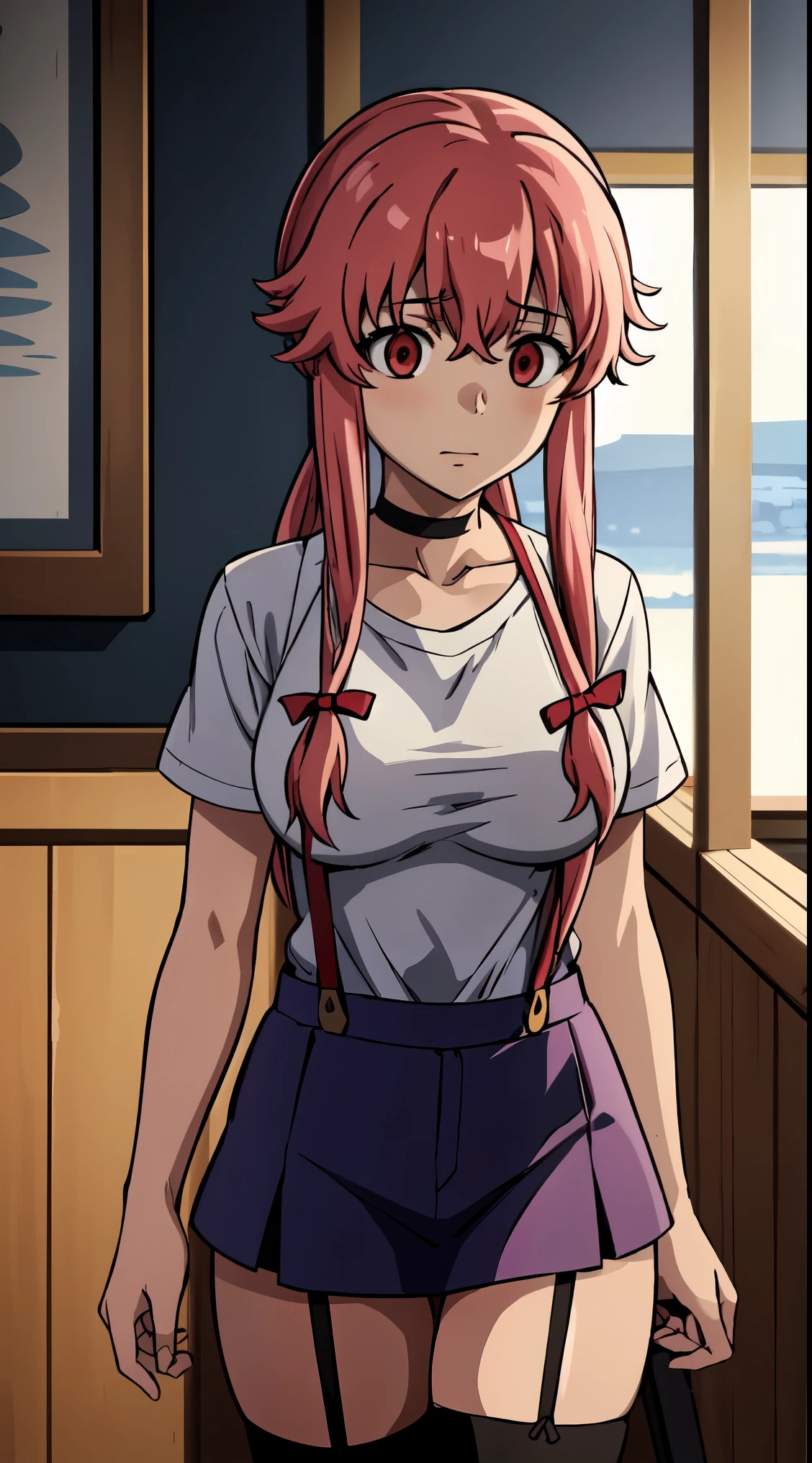 The depiction of Yuno Gasai enjoying a peaceful moment in a coffee shop during summer, adorned in a fashionable ensemble of black thigh-highs with suspenders, a white T-shirt, a gothic choker, and black boots, emphasizes her unique sense of style and contrasts with the intense and suspenseful scenes often associated with her character. The imagery captures a rare moment of tranquility and personal expression, showcasing a different side of Yuno beyond her intense persona. (large breasts:1.1), red eyes, happy,

