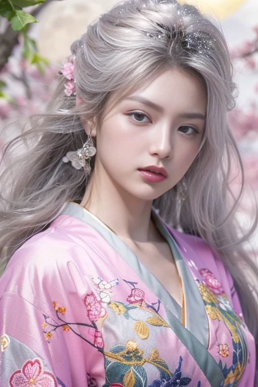 (Beautiful model appearing in Japanese clothing commercial, Beautiful long silver mesh hair swaying in the wind), (alone), ((face is 80% beauty and elegance, 20% pretty and cute:1.5)), (Her roots are in Eastern Europe and Asia), clear eyes, (fine eyes, light brown eyes, bright pupils), double eyelid, (Slightly thick and sexy lips:1.2), Super detailed and incredibly high resolution silver long Kimono, Highly detailed facial texture, impressive body shape, Curvaceous and very attractive woman, (The color of the long kimono is 95% pink and 5% lapis lazuli:1.5), High resolution RAW color photography professional photography, break ultra high-resolution textures, High resolution body rendering, Big eyes, an unparalleled masterpiece, incredible high resolution, Super detailed, stunning ceramic skin, break (Made with plenty of Rinpa silver.、琳派風のshiny redい振袖を着ています。.), (The main color is Rinpa&#39;shiny red.), (丁寧に作られた日本の古典的なshiny redい振袖), ((The embroidery pattern is a Japanese painting style of lapis lazuli birds, cloud, Mountain, river, and flowers)), (A lapis lazuli obi that matches this kimono), ((Delicate and elegant embroidery、shiny redい振袖)), (The background is sparkling silver diamond dust emitted from the moon，Cherry tree:1.5) break ((highest quality, 8K)), sharp focus:1.2, (layer cut, big:1.2), (beautiful woman with perfect figure:1.4), (Beautifully shaped breasts:1.3), thin waist, (correct hand shape:1.5), (full body shot | Rear view)