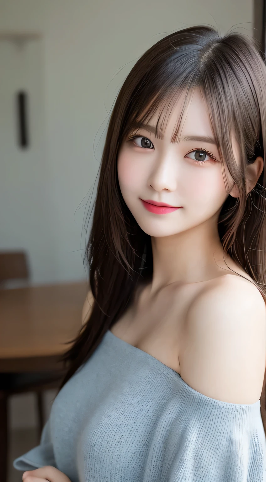 table top, highest quality, shape, Super detailed, finely, High resolution, 8k wallpaper, perfect dynamic composition shape, beautiful and detailed eyes, Nice spring clothes,beautiful straight hair,small breasts,natural color lip, 20 year old girl、cute、look at the camera,Always blur the background,perfect and beautiful face,Beautiful and dense face、slim face and style,Big eyes、Do gal makeup,real photos(best image quality)、woman'face、fashion model pose、Step away from the camera and take a full body photo、smile、off shoulder