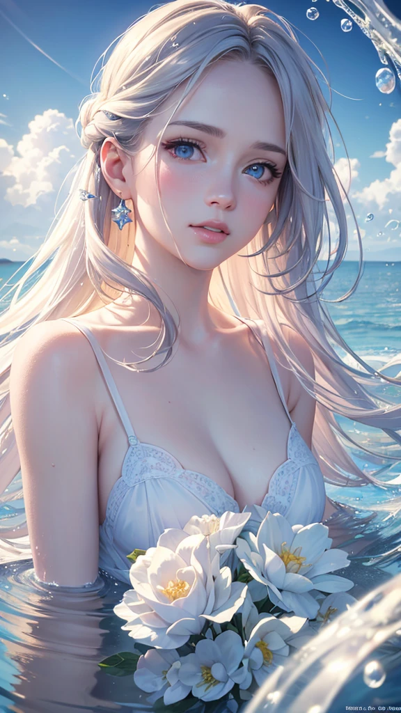 (best quality, masterpiece:1.2), ultra-detailed, (realistic, photo-realistic:1.37), portrait, female, beautiful, maturing, lovely, detailed face, blue eyes, rosy lips, porcelain skin, long flowing hair, feminine features, delicate flowers, pure white dress, aesthetic clouds, partially underwater, sparkling water, colorful palette, photorealistic, soft lighting, ((partially underwater shot)), 4k, 8k, highres, masterpiece, award winning