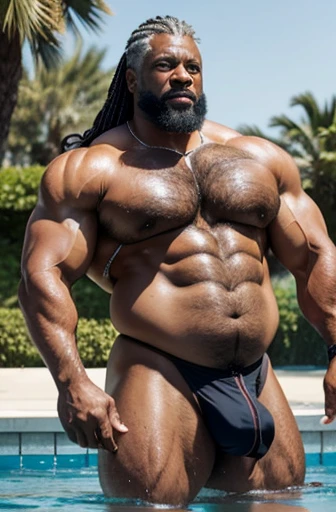    Very gray-haired, sweaty African-American man, very old, silver-haired, extremely muscular and extremely fat, over 70 years old, weighing more than 600 pounds with extremely large, muscular and very flaccid and very hairy breasts and with very large, pointed and dark nipples with muscles. relaxed bodybuilders with long, wavy hair in a pool in the morning wearing thongs with very hairy pubes sticking out of the thongs 