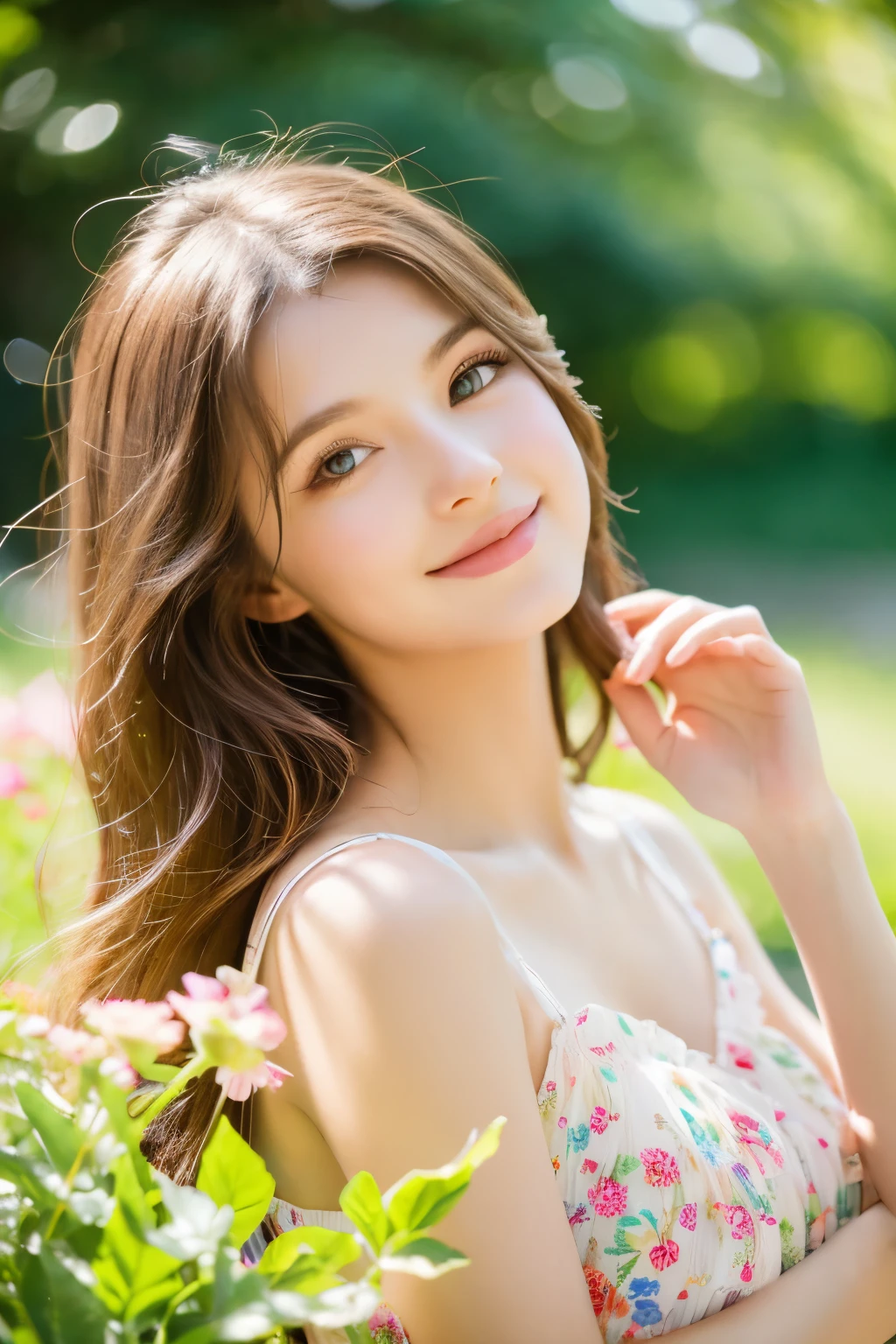 best quality,4k,8k,highres,masterpiece:1.2,vivid colors,portraits,A girl in a garden,beautiful detailed eyes,beautiful detailed lips,extremely detailed eyes and face,long eyelashes,soft and flowing hair,natural and glowing skin,lovely smile,fluttering summer dress,freshly bloomed flowers,green grass and trees,warm sunlight,playful pose,serene atmosphere,soft color palette,subtle lighting effects