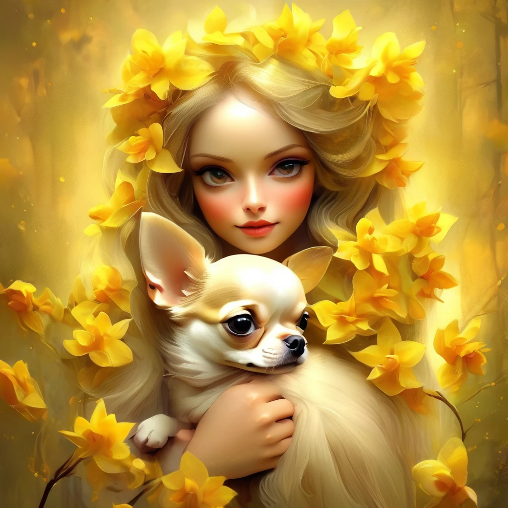 long hair、A woman with forsythia flowers in her hair holds a small chihuahua in her arms, background number 28,beautiful digital illustrations, Beautiful artwork illustration, amazing digital illustrations, beautiful digital artwork, Works that influenced Anna Dittmann, amazing digital art, exquisite digital illustration, In the style of Anna Dittmann, beautiful digital art, beautiful amazing digital art, very beautiful digital art, beautiful fantasy art