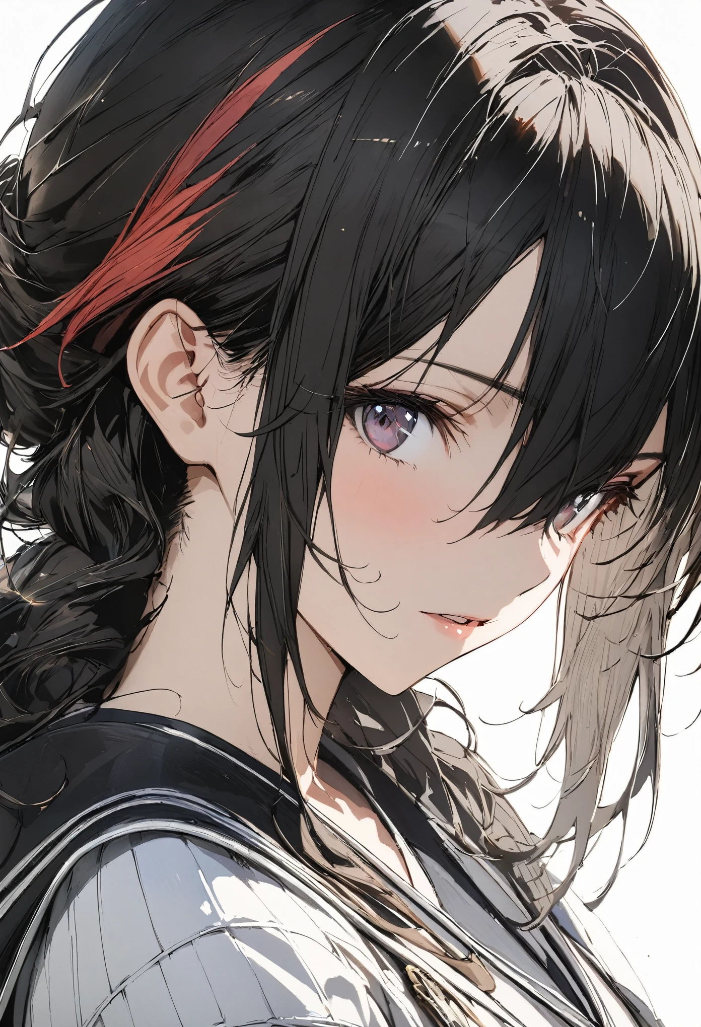 1girl, streaked hair, black hair, hair between eyes, high detail, Conceptual art, anime, masterpiece, super detail, high details, high quality, best quality
