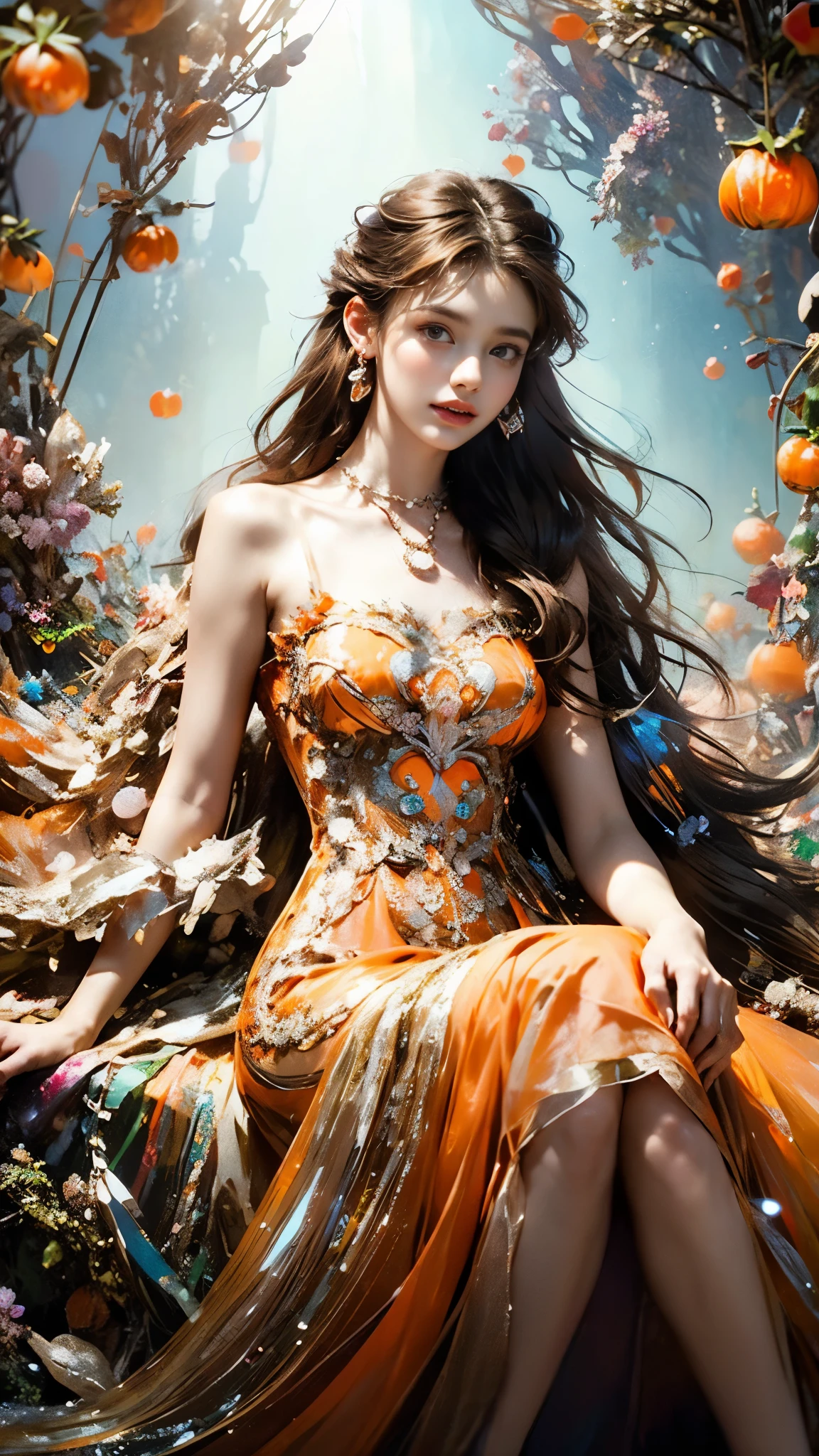 8K, ultra hd, masterpiece, 1 girl, (good face:1.4), detailed eyes, very long hair, impressive hairstyle, earings, necklace, small breasts, (orange dress:1.5), see-through, (fantasy dress:1.5) Light-colored foundation brings out the transparency of the skin, (in the wonderland:1.5), mystery, diwali lights, glowing lights, very decoration, The lights falls like water, perfect front body, sitting,