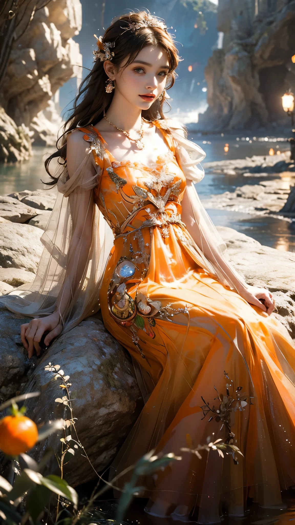 8K, ultra hd, masterpiece, 1 girl, (good face:1.4), detailed eyes, very long hair, impressive hairstyle, earings, necklace, small breasts, (orange dress:1.5), see-through, (fantasy dress:1.5) Light-colored foundation brings out the transparency of the skin, (in the wonderland:1.5), mystery, diwali lights, glowing lights, very decoration, The lights falls like water, perfect front body, sitting,