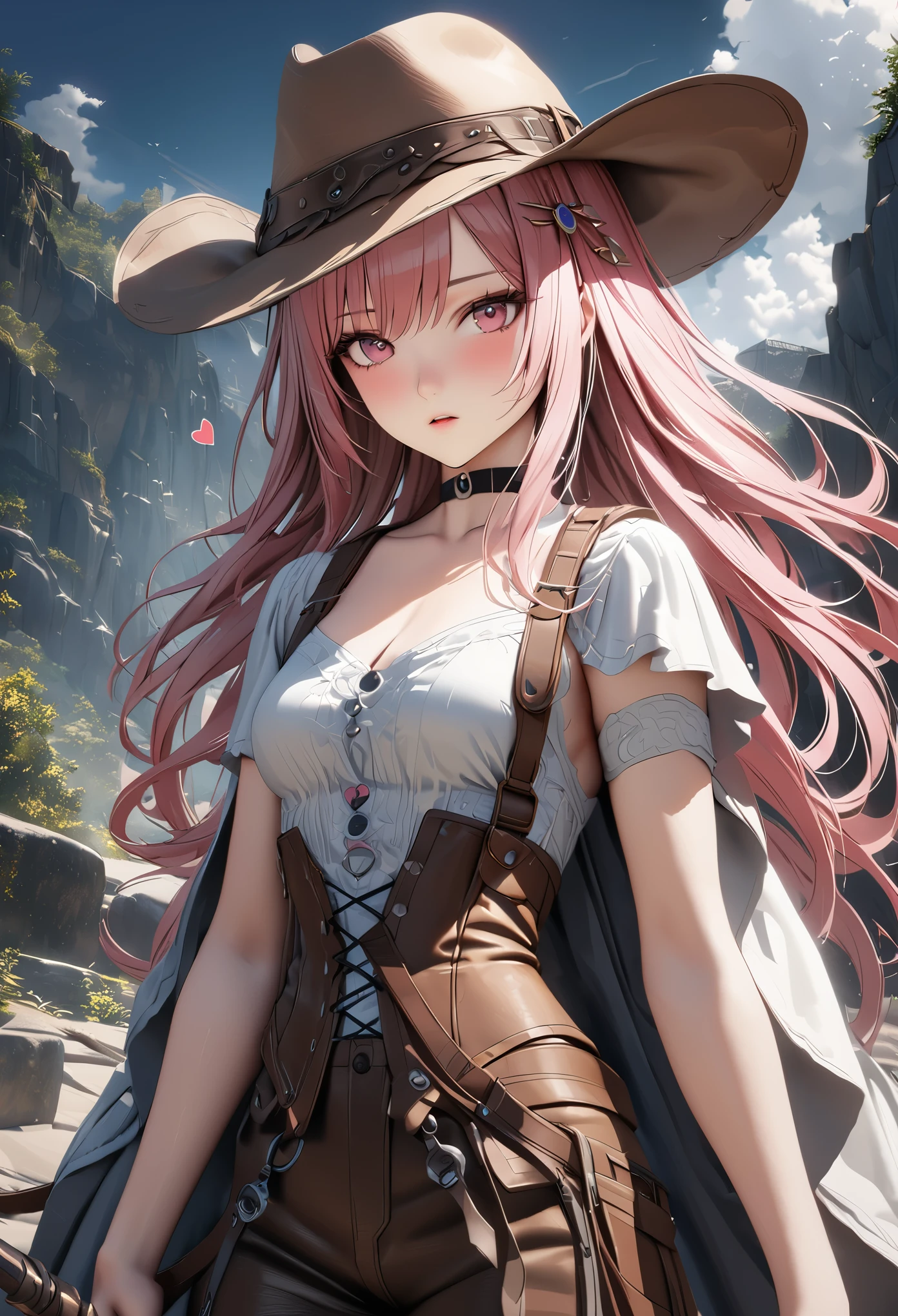 masterpiece,highest quality, Super detailed, High resolution, expensive resolution, HDR, 4k, 8K, unity 8k wallpaper, Super detailed CG, masterpiece, realistic, 2D, 3D, beautiful details, depth, fine texture , super fine: 1.3, Fully focused, Crispy.skin, .he, Very cute anime girl 、cowboy style costume、cowboy hat、cowboy boots technic wilderness、duel、long sword、Pink semi-long hair wearing expensive , one girl、alone, Pink semi-long hair, cowboy style、cowboy hat、long sword、duel、cowboy bootole under the eye, looking at the viewer , expensive , blush, mole, parted lips, hair ornaments, heart, pink eyes, choker