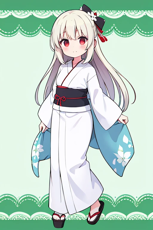 1 woman ,yukata white,No pattern,yukionnna,green background, white long hea,full body,red eye,sideways