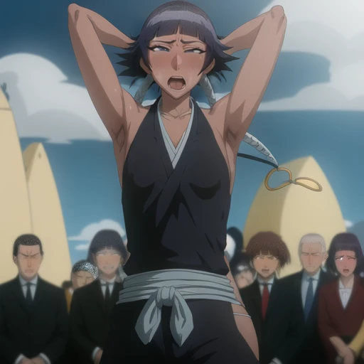 ( Animation screenshots:1.1),(best quality), (Super detailed), outdoor, Nipples exposed, 1 female,sexy,Coquettish , , alone, black hair, side breasts,japanese clothing, - Hip vents, small breasts, low double braids,No eyeballs, Also available in black, facing the audience, looking at the audience, tired, from below, (露armpit:1.1), ((armpit:1.2)), sexy的, Sweat dripping, More and more sweat,(ahegao), (Roll your eyes), naughty face, blush, open mouth, Sticking out tongue, saliva, Slobber,Runny nose,skinny, raise arms, (arms above head:1.5)