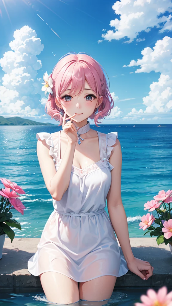 A woman,Mature,cute,pretty,white,blue,Pink,cloud,flower,water,部分water下